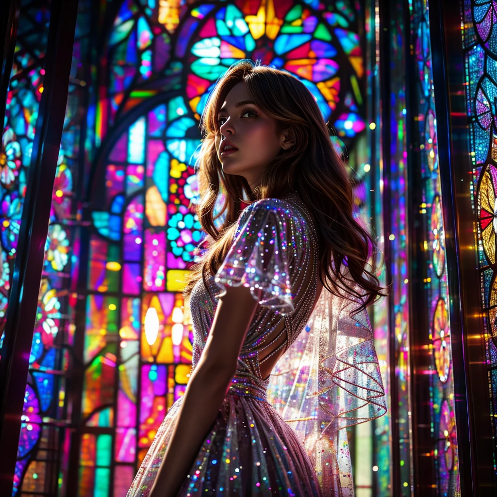 RubyRed (Cathedral from below:1.28) (ZoomLayer) TopQuality 8K masterpiece of ((Professional photo)), (((Clarisse de Cagliostro))) (Detailed White WeddingDresses), Chain, Closeup(((Extremely detailed KAWAII face))) {((VeiledFace))|BlondeHair|(Elaborate BuleEyes)with(SparklingHighlights:1.28)}, The background is distant (((Elaborate stained glass))) Rainbow Glass, {(MysticSight)|EnchantingAtmosphere|Haze|(GodRays)|TyndallEffect}, Radiant PearlSkin with Transparency, (Exposed:0.39)