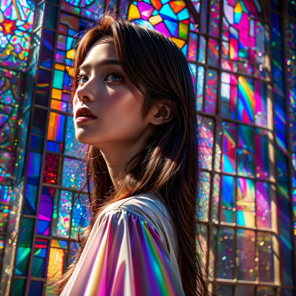 RubyRed (Cathedral from below:1.28) (ZoomLayer) TopQuality 8K masterpiece of ((Professional photo)), (((Clarisse de Cagliostro))) (Detailed White WeddingDresses), Chain, Closeup(((Extremely detailed KAWAII face))) {((VeiledFace))|BlondeHair|(Elaborate BuleEyes)with(SparklingHighlights:1.28)}, The background is distant (((Elaborate stained glass))) Rainbow Glass, {(MysticSight)|EnchantingAtmosphere|Haze|(GodRays)|TyndallEffect}, Radiant PearlSkin with Transparency, (Exposed:0.39)