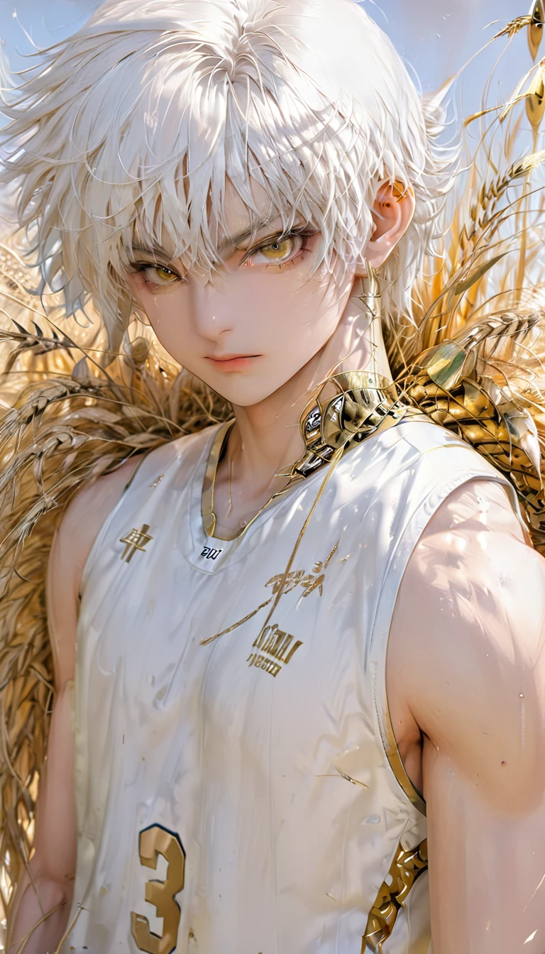 masterpiece, Anime CG, Boys, Short white spiked hair, Wheat skin, muscle, sports Boys, Wearing basketball uniform, Smooth texture, Silk texture , Golden pupils, Perfect eyes