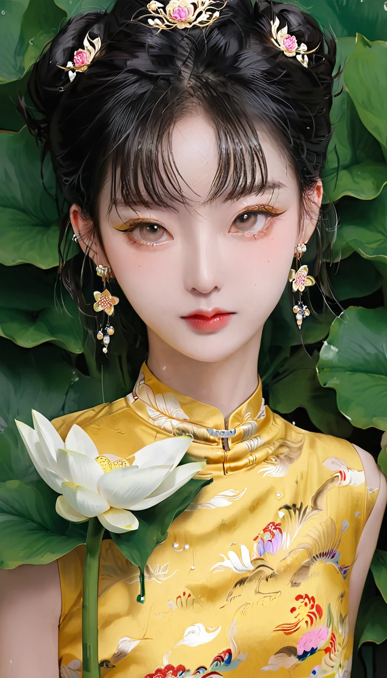 There is a woman wearing a cheongsam, 27 years old, 28 years old, 29 years old, 32 years old, Exquisite makeup, Ye Wen, 23 years old, Round Face, Lovely lotus, Golden Crown, Pearl Necklace, Hosta