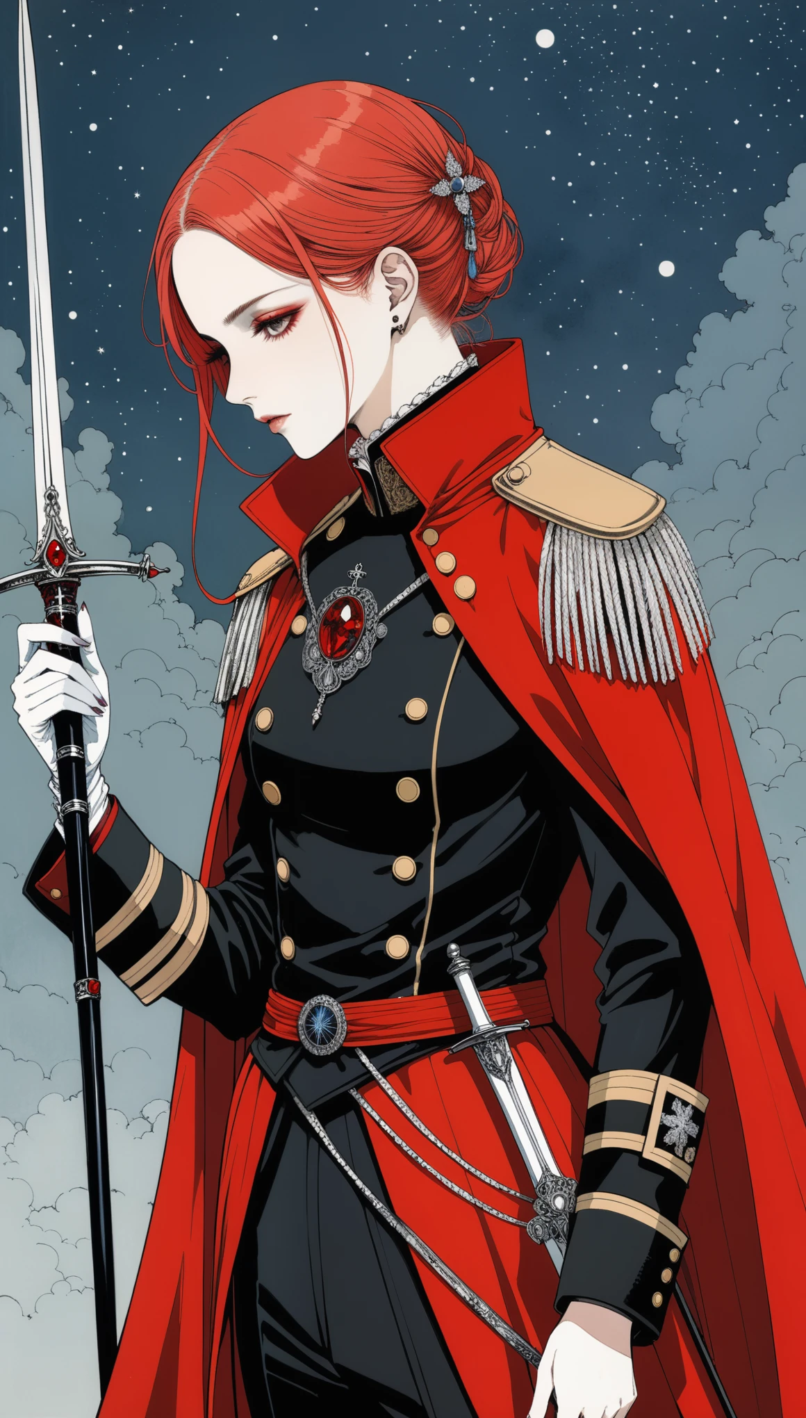(in style of Harry Clarke:0.5),in style of Santiago Caruso,
1girl,holding a fancy rapier in his hand,military uniforms,neckwear_request,red general's cape,ribbon,