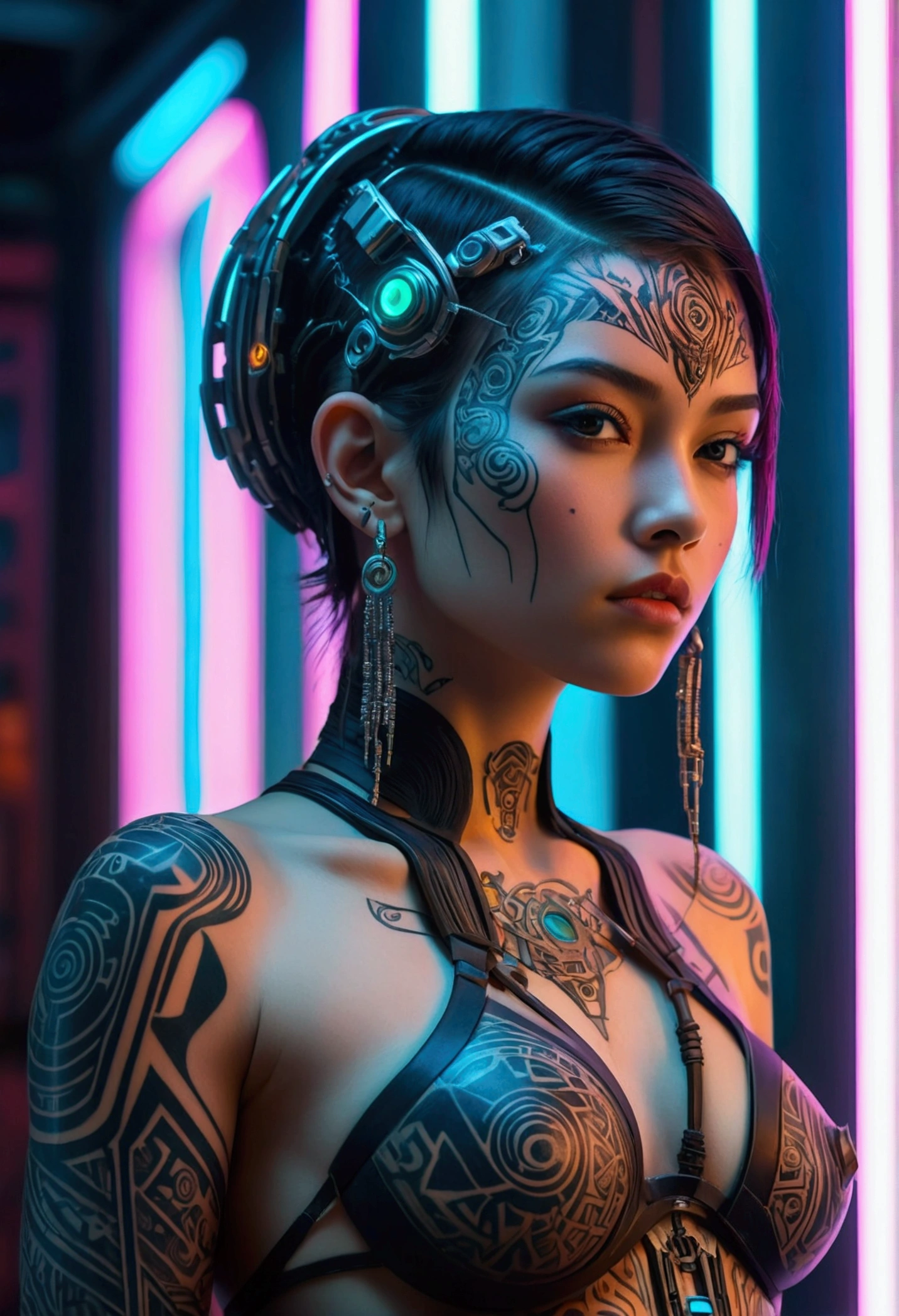 detailed cinematic photography of Beautiful cyberpunk techno priestess, tribal tattoos, a beautiful cyberpunk cell, standing proud, neon lit, image to represent envy, lust and seduction, abstract beauty, near perfection, pure form, intricate detail Outrageously stunning detailed photo realistic cinematic photography