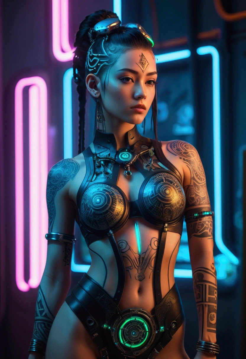 detailed cinematic photography of Beautiful teen cyberpunk techno priestess, tribal tattoos, a beautiful cyberpunk cell, standing proud, neon lit, image to represent envy, lust and seduction, abstract beauty, near perfection, pure form, intricate detail Outrageously stunning detailed photo realistic cinematic photography