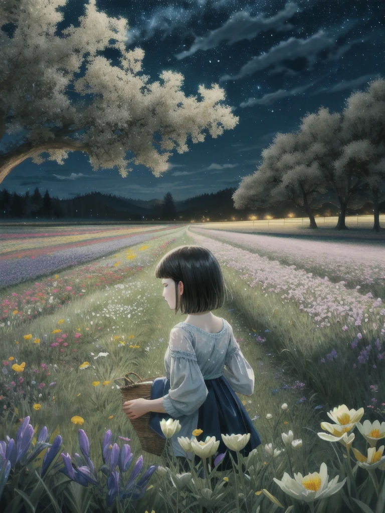 naturey, nightfall, moonligh, field of beautiful flowers