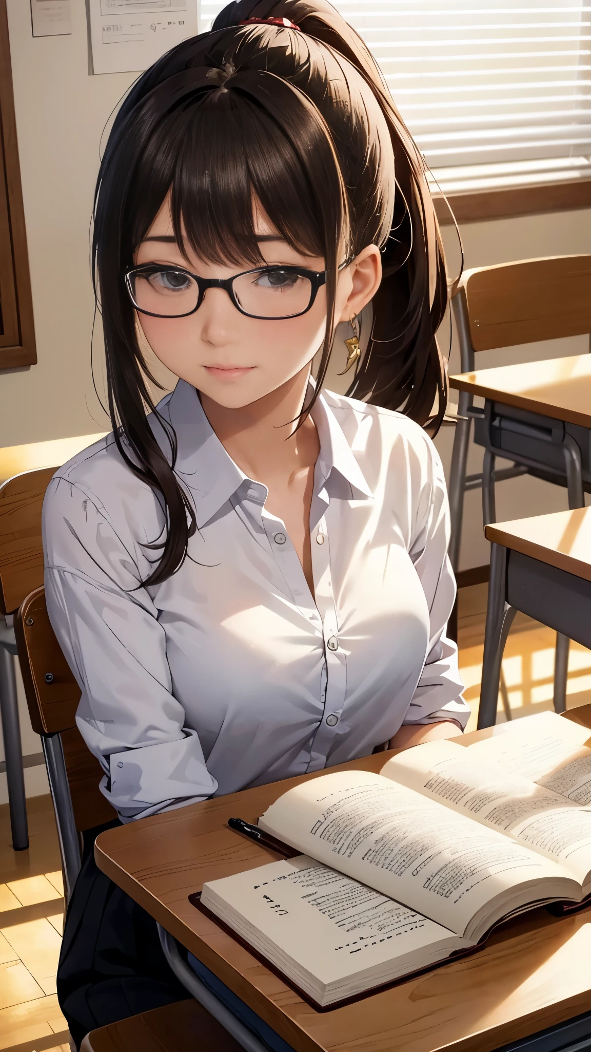 (nsfw), (Very detailed CG Yanikikun 8K wallpaper,masterpiece, Highest quality, Extremely detailed),Classroom setting, Wooden desks and chairs under the soft glow of sunshine filtering through the gaps in the blinds,A stunning brunette high school girl with glasses and a ponytail,Engrossed in a book,Pencils and eraser scattered around,A handsome male student,Sitting at a desk across from her,Engaging in a deep conversation,As the evening casts a warm hue over the room.