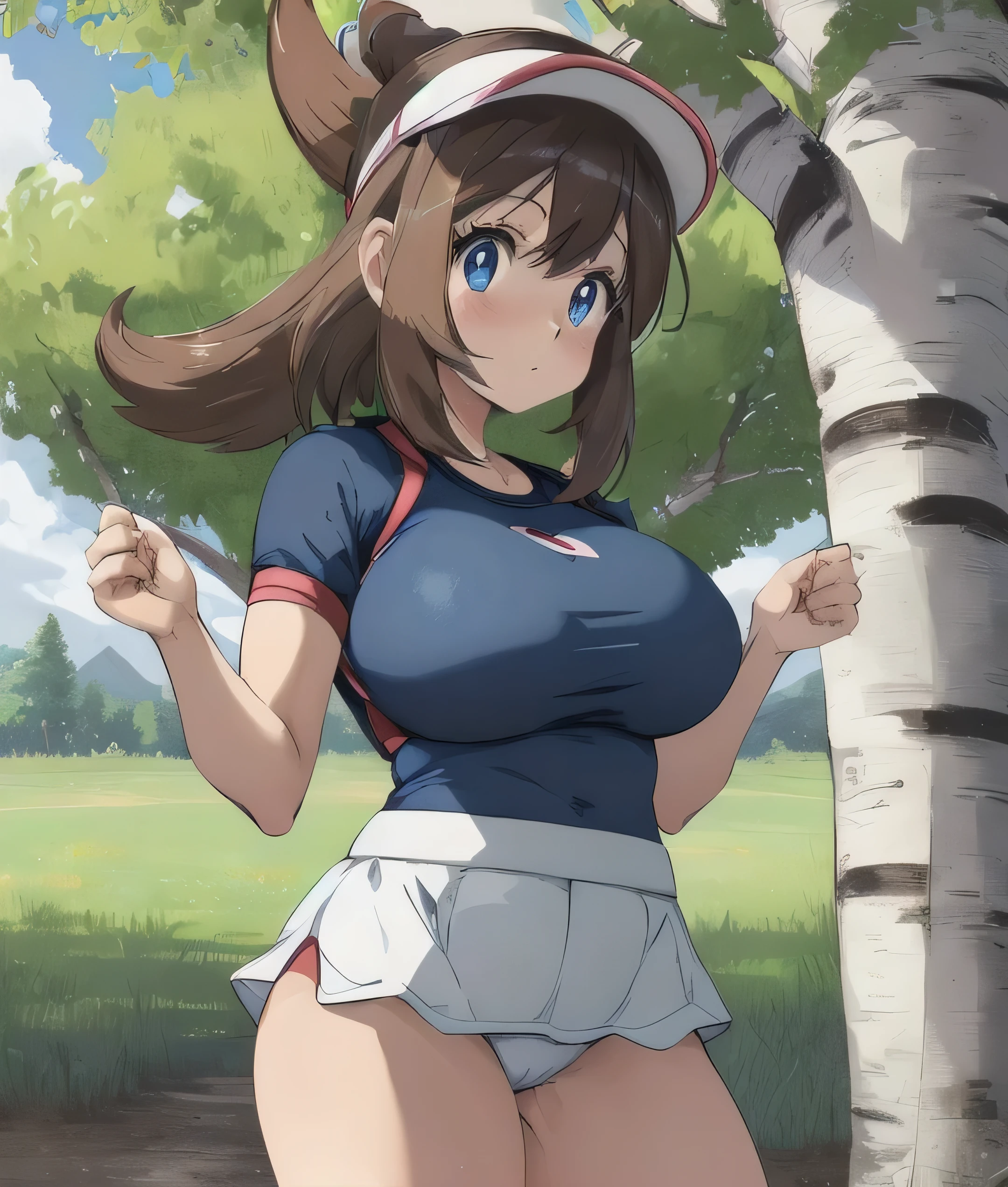 masterpiece, best quality, highres, (((May Birch from Pokemon))), 1girl, (white panties), solo, posing,action pose, dark blue eyes, brown hair, cowboy shot, large breasts, triple D cup breasts,standing, gazing at viewer, pokemon gym, blush, huge breasts, round buttocks, bubbly ass