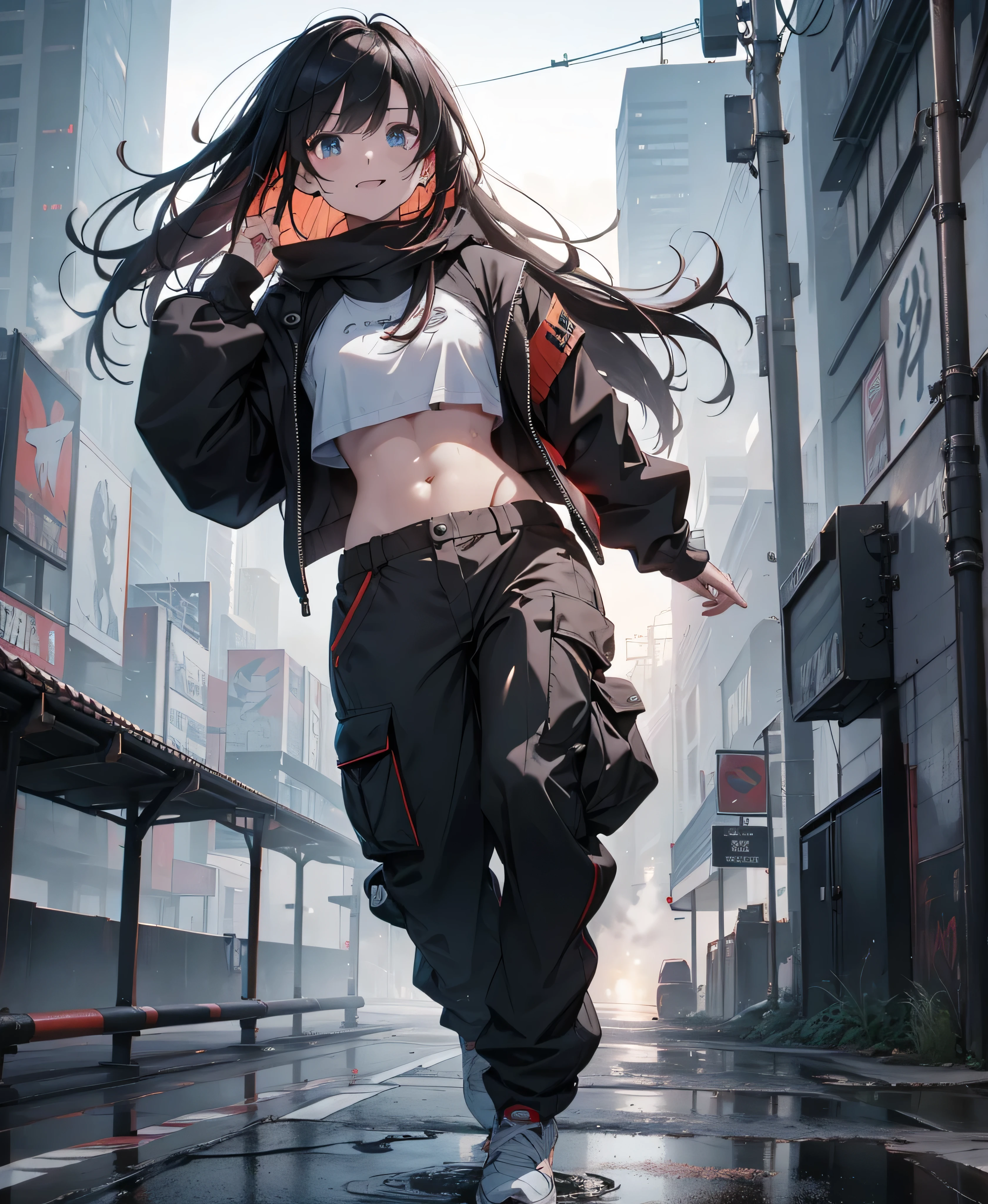 dance、Artistic jump、break dance、Intense movement、dynamism、Cyberpunk Style、Blade Runner atmosphere、Steam is coming out of the exhaust port on the road surface、The road is wet、solo、Fluttering Hair、cute、Beautiful woman、Small Face、White skin、Abdominal muscles、、Bright smile、Mouth half open、White teeth are visible、(Gradient color of black red hair、Disheveled long hair)、(Cargo pants with line、sporty、White sneakers)、(Delicate and fine fingers、Detailed body、Detailed Weapons、Human hand)、(Detailed face) 、(In 8K、Highest quality: 1.4、masterpiece、 Ultra-high resolution、 Highest Resolution,、Very detailed、 Professional Lighting、 Gray Light Lighting、Low angle from below、Blowing steam into the landscape、Fog in the landscape、Foggy、