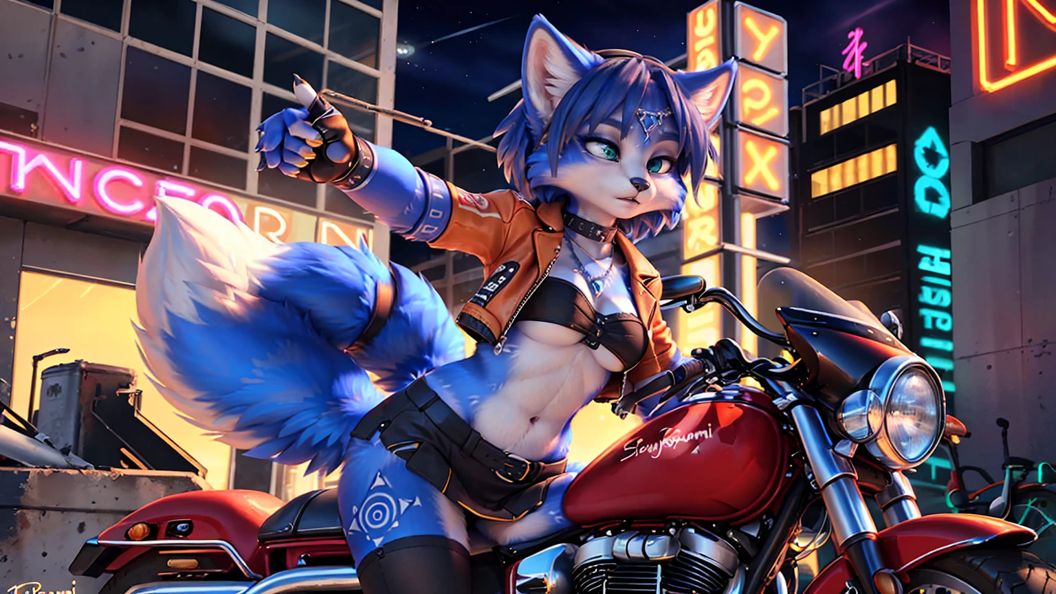 A beautiful and detailed (sweet picture) of ((Krystal)), Star Fox Krystal,  green eyes, medium breasts, (((Long blue hair 1.3))),  anthro, furry, (of Fluff-Kevlar, Bayard Wu, Personalami, Pino Daeni),  detailed fluffy fur, detailed face, (fluffy), 1 girl, alone, hair cover one eye:1.4, dynamic angle, (adult), ((scowl look)), ((motorcycling, motorcycling)), ((Biker jacket, Black Bandeau, short sleeves)), ((((Black miniskirt)))), ((Fingerless Gloves)), ((Torn stockings)), ((red belts)), (natta, abandoned property in the background, Construction site, neon lights)