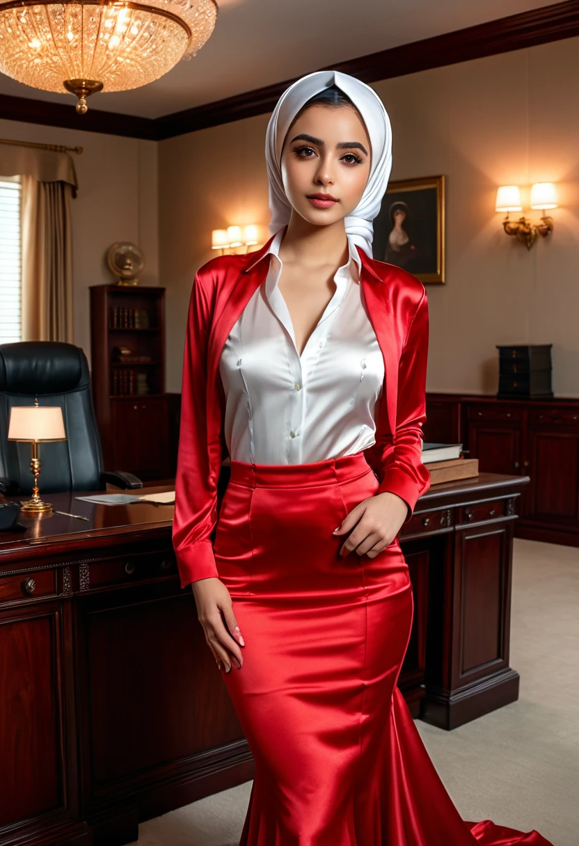 nsfw,(8k, best quality, masterpiece, ultra highres:1.2), 1 girl , beautiful 22 year old woman,(secretary, shirt,skirt:1.3), a woman in the mermaid long train dress,wear blazer, wear modern hijab, full body pose, satin blouse, red satin mermaid tight long dress, flowy dramatic long dress, office, ceiling light, (photorealistic:1.4), small breasts ,official art, extremely detailed CG unity 8k wallpaper, ultra high res, professional photography,
