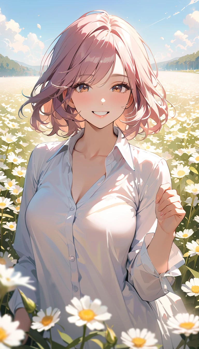 super detail, best quality, a woman , Full smile, Light-colored, neat clothing, An atmosphere of joy ,Flower Field,Mature Woman, (Crisp lines)
