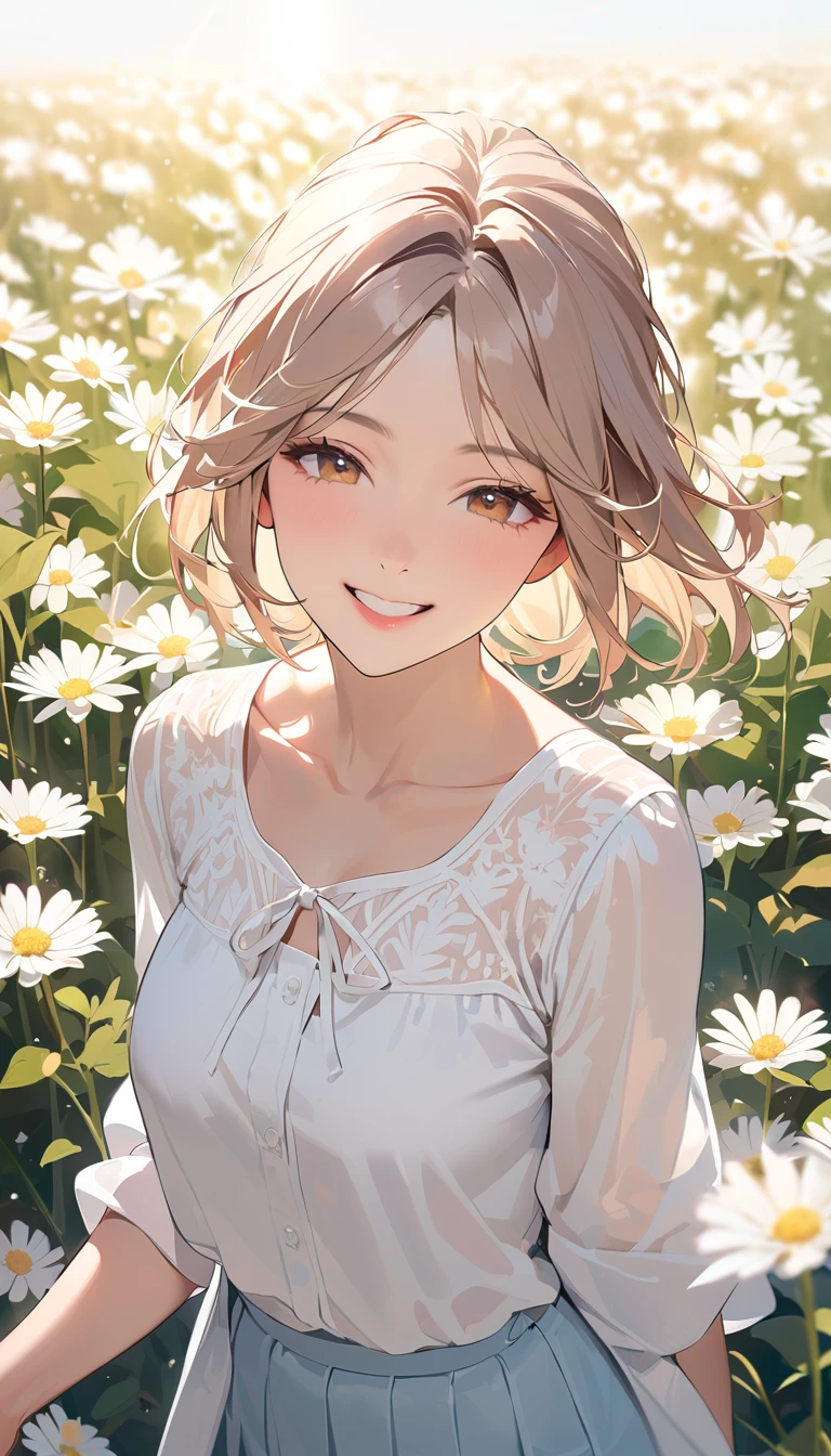 super detail, best quality, a woman , Full smile, Light-colored, neat clothing, An atmosphere of joy ,Flower Field,Mature Woman, (Crisp lines)
