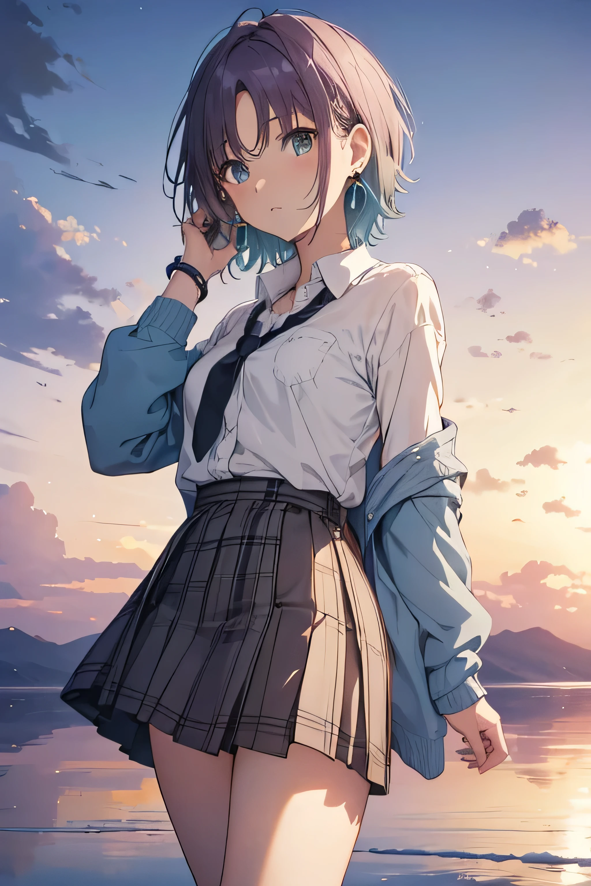 ((Highly detailed face,Perfect Face)),(Beautiful Face: 1.1), (((Perfect hands,Perfect Anatomy))),Sexy Body,Browsing Caution, <skin、The hair、quality> Transparency, Glowing Skin, shiny hair, <quality> Top quality, 4kquality, High resolution, 超High resolution, 8k,(Vibrant colors: 1.2), High resolution, Super Detail, Ultra Sharp, super High resolution, Film script, , (wonderful_quality: 1.0), ((Toru Asakura、blue hairs、Earrings、gradation hair、multi color hair、分けた前hair、Purple hair、short_hair, )), <sight、Expressionless、Pause prompt> Sparkling Eyes,View your viewers, blush, ((,Back view)), Fascinating, Shining Eyes, Nice face, Are standing , Raise one leg, ((masterpiece)), top-quality, Anime Art Wallpaper 8K, Walking on Water((Toru Asakura、blue hairs、Earrings、gradation hair、multi color hair、分けた前hair、Purple hair、short_hair, barefoot, Loose tie、cardigan、Plaid、Plaidスカート、Pleated skirt、、Skirt、Rolled up my sleeves、Wristband )),, ripple, Dawn Background, Saturn in the background, Awareness-raising, Concept Art, And soul, Key Visual, WLOPによるトレンドのpixiv Fanbox, Greg Rutkowski, Makoto Shinkai, Mamoru Hosoda, Studio Ghibli, Uyuni Salt Flats scenery