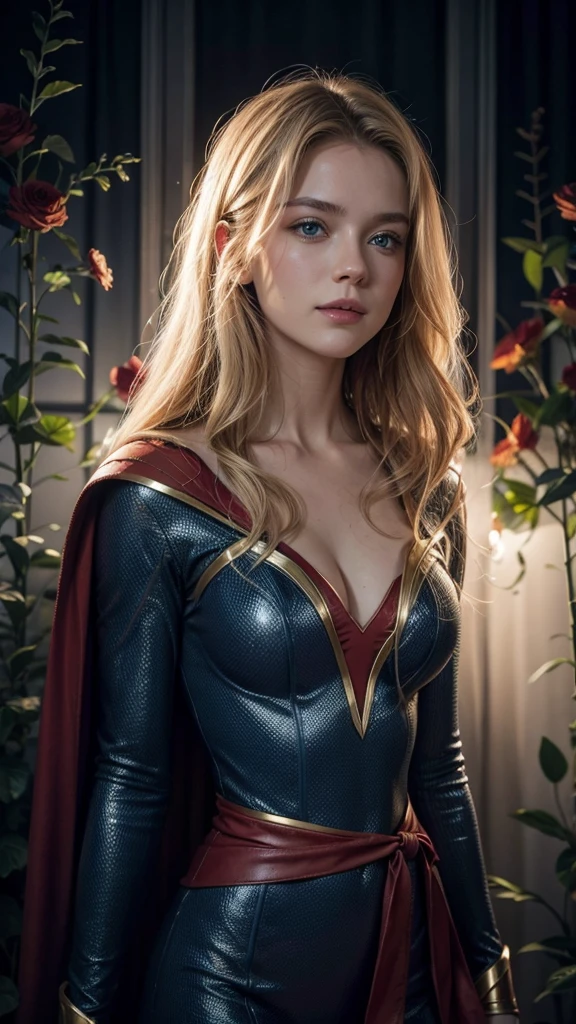 The actress Milly Alcock as the character Supergirl, perfect costume, traditional 'S' in the chest, extremely beautiful blue eyes, beautiful blond hair, incredible beautiful anatomy, smooth curves, perfect anatomy, perfect smile, red cape, space in the background