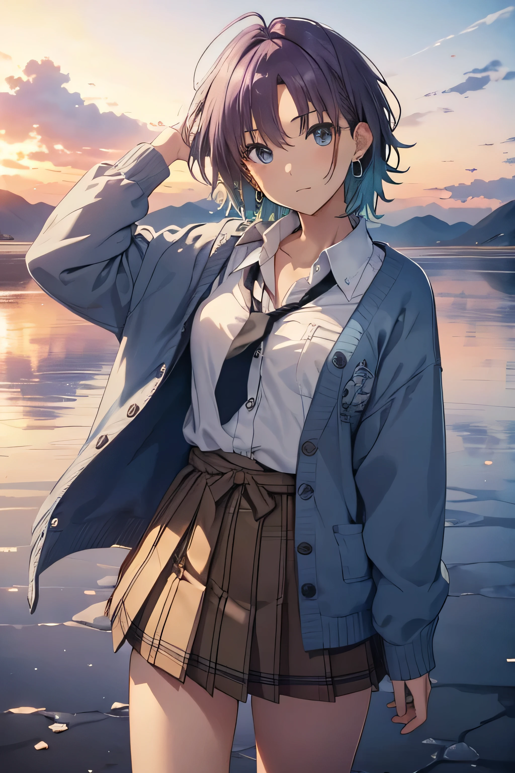 ((Highly detailed face,Perfect Face)),(Beautiful Face: 1.1), (((Perfect hands,Perfect Anatomy))),Sexy Body,Browsing Caution, ＜skin、The hair、quality＞ Transparency, Glowing Skin, shiny hair, ＜quality＞ Top quality, ４ｋquality, High resolution, 超High resolution, 8k,(Vibrant colors: 1.2), High resolution, Super Detail, Ultra Sharp, super High resolution, Film script, , (wonderful_quality: 1.0), ((Toru Asakura、blue hairs、Earrings、gradation hair、multi color hair、分けた前hair、Purple hair、short_hair, )), ＜sight、Expressionless、Pause prompt＞ Sparkling Eyes,View your viewers, blush, ((,Back view)), Fascinating, Shining Eyes, Nice face,　Are standing , Raise one leg,　((masterpiece)), top-quality, Anime Art Wallpaper 8K, Walking on Water((Toru Asakura、blue hairs、Earrings、gradation hair、multi color hair、分けた前hair、Purple hair、short_hair, barefoot, 　Loose tie、cardigan、Plaid、Plaidスカート、Pleated skirt、、Skirt、Rolled up my sleeves、Wristband )),, ripple, Dawn Background, Saturn in the background, Awareness-raising, Concept Art, And soul, Key Visual, WLOPによるトレンドのpixiv Fanbox, Greg Rutkowski, Makoto Shinkai, Mamoru Hosoda, Studio Ghibli, Uyuni Salt Flats scenery