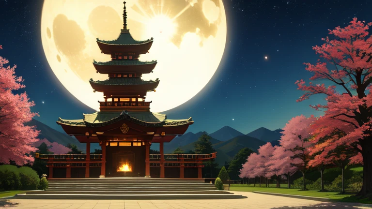 Anime illustration night nightの静寂に包まれた神秘的な風景。The full moon shines high in the sky、The light paints everything silver.。An old-fashioned shrine is located in the center of the screen.、The vermilion torii gate shines mysteriously in the moonlight.。The shrine grounds are silent.、The pale moonlight softly illuminates the stone pavement.。Surrounding trees々Swaying in the breeze、There is such silence that you can hear the leaves rustling.。