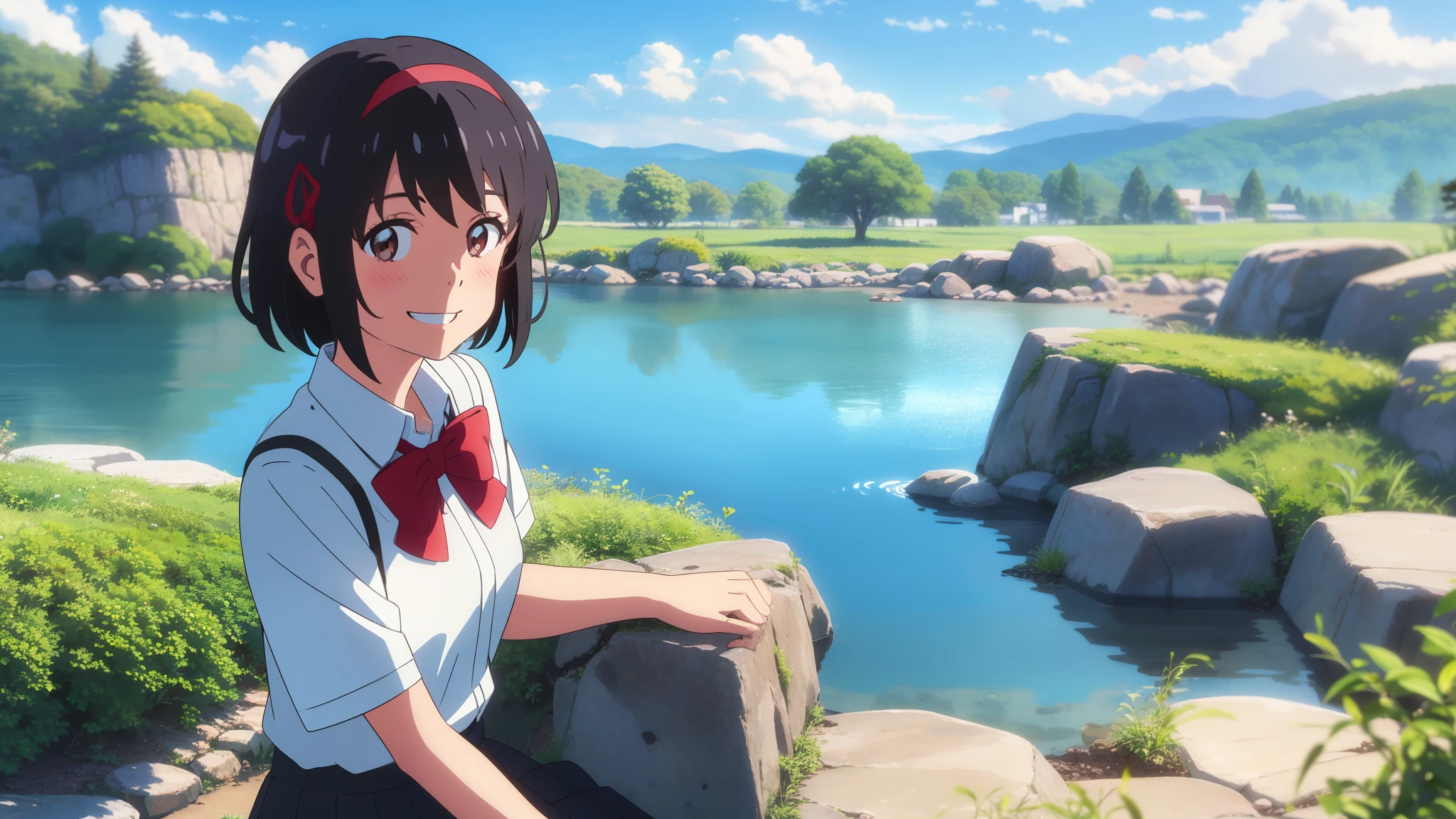 shinkai makoto, kimi no na wa., 1girl, bangs, black hair, blush, expressive eyes, brown eyes, perfect face, looking at the viewer, school outfit, white collared shirt, red headband, red ribbon, red bow, short sleeves, black skirt, short hair, solo, outdoors, shinny skin, smile, cute, grin, cloudy, blue sky, mountains, rocks, sitting, (masterpiece), best quality