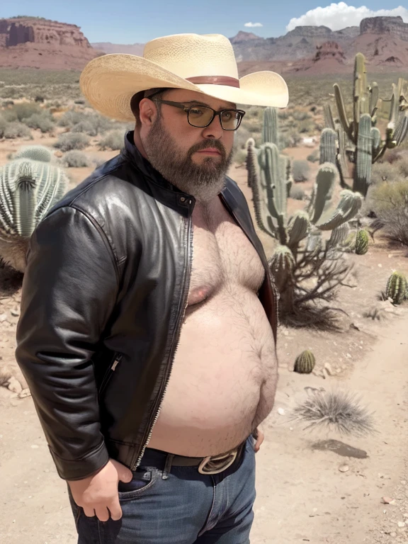 male, alone, beard, Glasses, obesity, Cowboy hat, leather jacket,Collared shirt, saddle, desert, Cactus, Animal Pass, sunlight, hot, From the side,