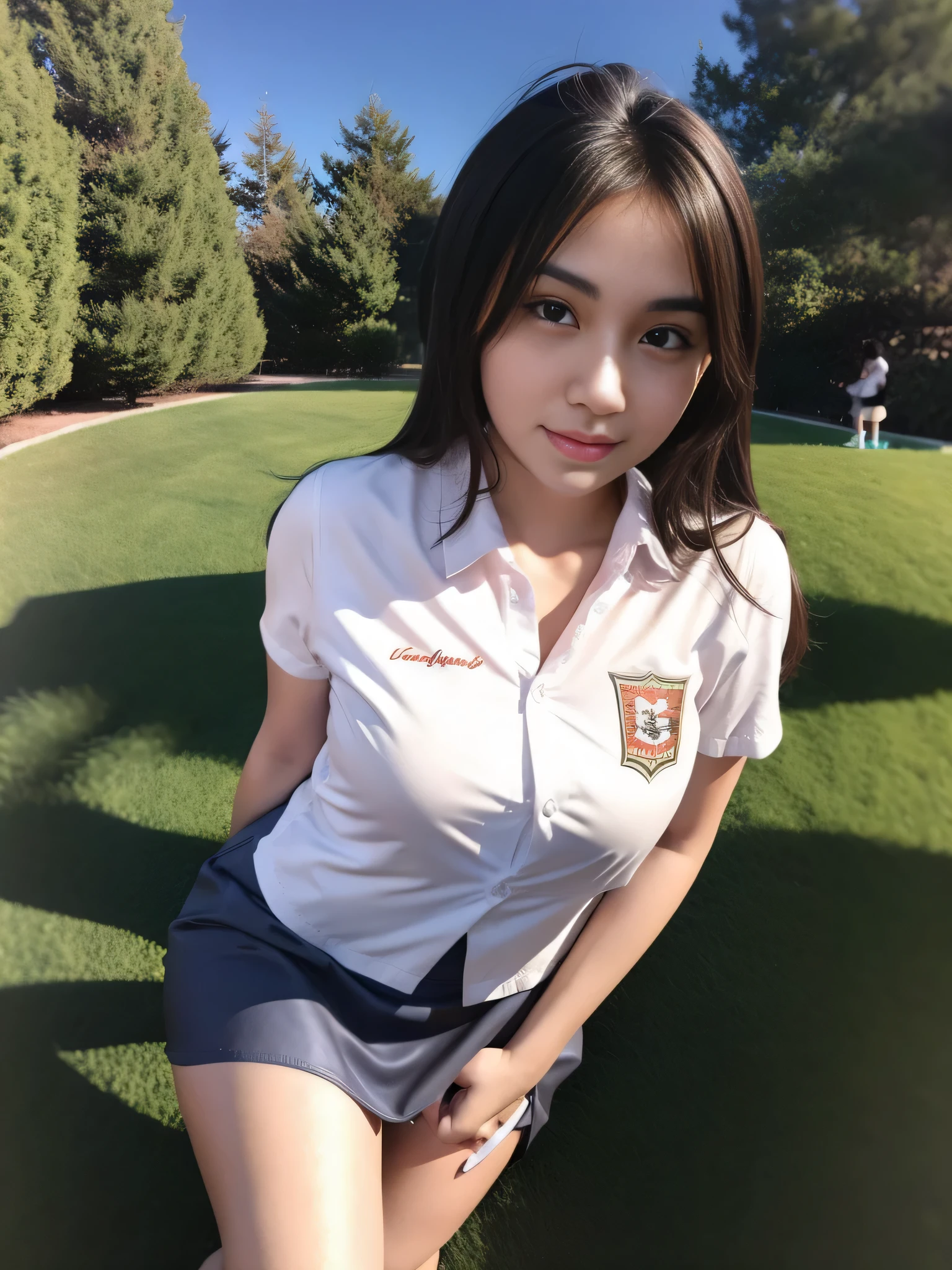 1girl, (uniform), standing, outdoors, night, beautiful city at the background, detailed face, detailed eyes, huge breasts, shiny skin, short skirt, looking at the audience, (ultra wide angle shot: 1.4), (8k, RAW photo, best quality, masterpiece: 1.2), (realistic, realistic: 1.37), ultra-high resolution