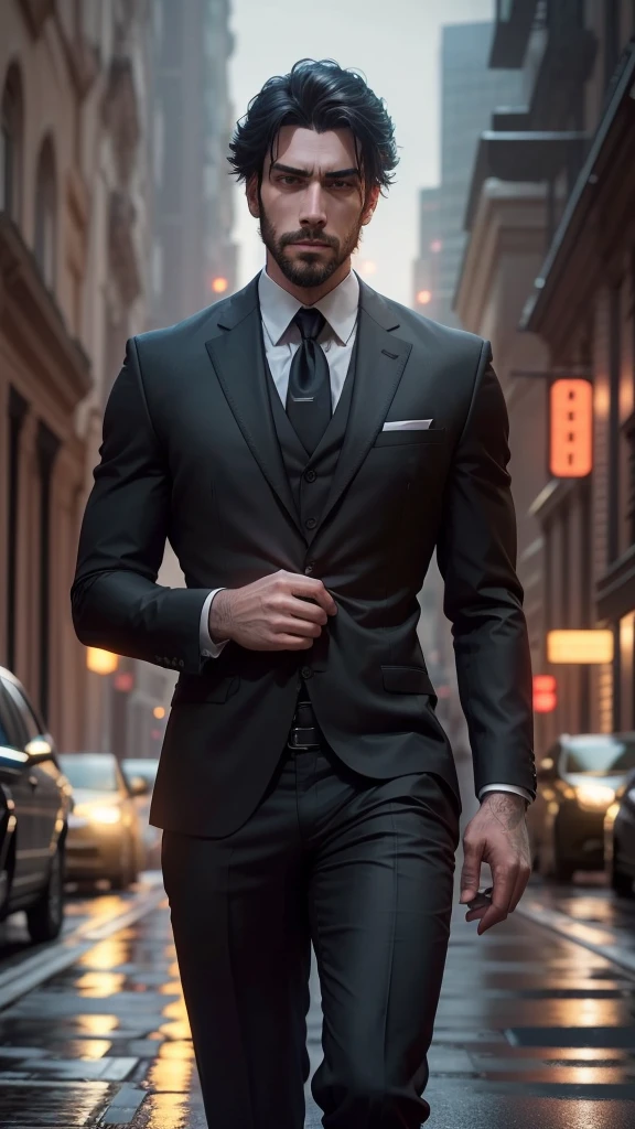 A sharp looking lawyer,confident looking, Wear a black suit,City streets,(depth of fieldovie lighting),(light and shadow effect),(Unreal 5),(masterpiece),(8k wallpaper),photorealestic,realisticlying