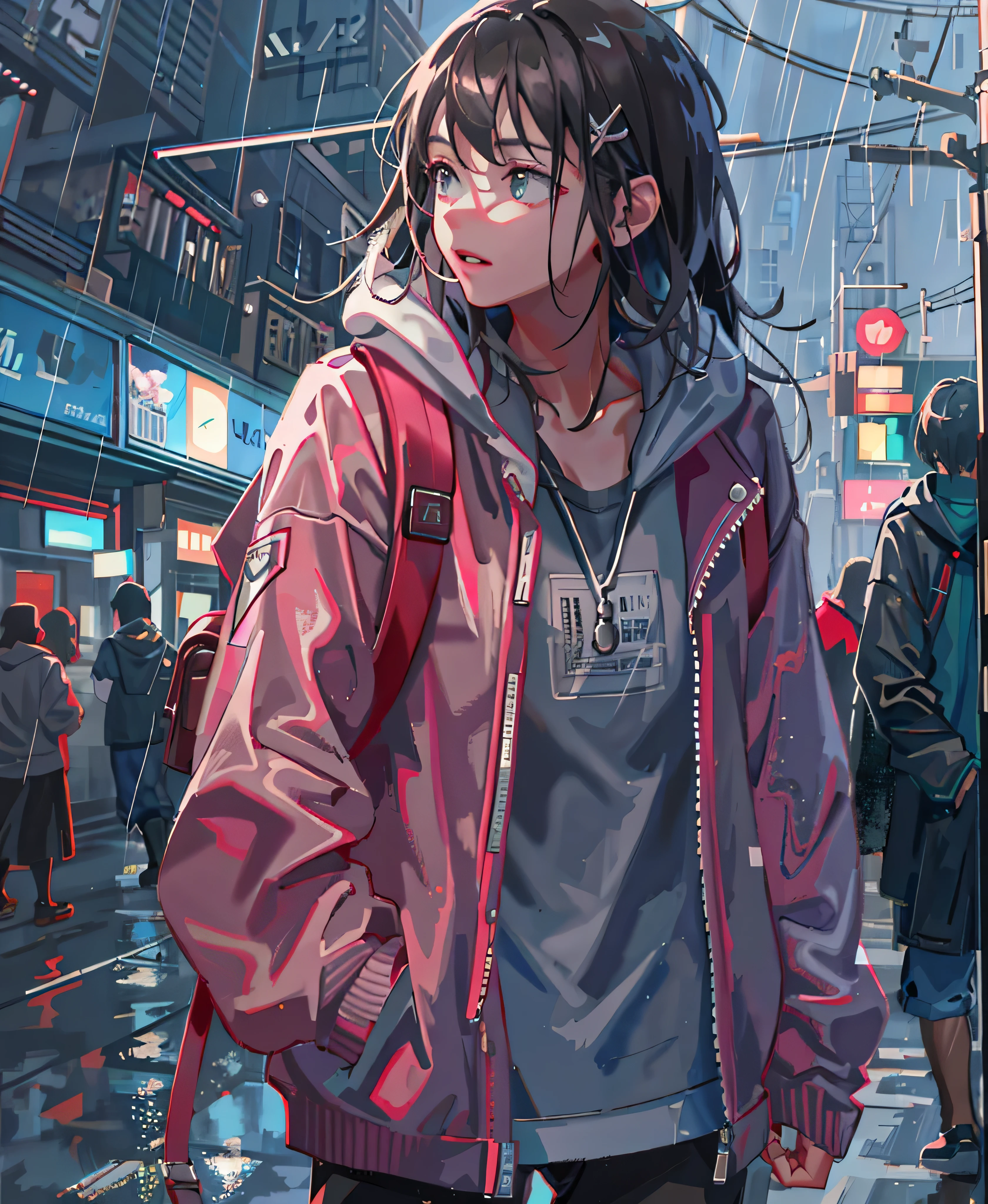 One girl, Jacket, rain, Outdoor, hoodie, open Jacket, Lock, Backpack, Look at other people, Messy Hair, Trending on Art Station, 8k resolution, Very detailed, Anatomically correct, Clear images, Digital Painting, Concept Art, Topics on pixiv, Makoto Shinkai&#39;s Style,