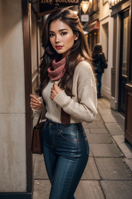 A Gorgeous, pretty, cheerful, sweet, charming, alluring, classy, stylish, flowing quite long brown haired philipine woman with the cutest face, skin, soft make-up, red lipstick, she is wearing a cognac leather jacket, skinny denim trousers, a beige sweater, black wellies, and a pink scarf.