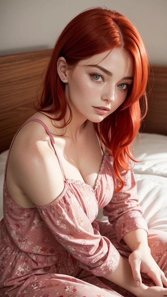 A woman wearing pink pajamas with a floral pattern is sitting on the bed., the shirt is raised up exposing beautiful breasts, bare chest, Red-haired girl, beautiful Red-haired woman, Red-haired woman, young Red-haired girl, short bright red hair, red hair and attractive features, Margot Robbie、Also known as Margot Robbie, Red-haired girl, redhead, beautiful woman, position in bed, red head, With short red hair, Pose in the room