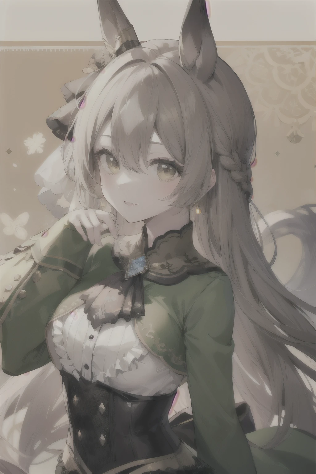 masterpiece, Highest quality, High resolution, smile, Patterned Background, View your viewers, (large chest:0.8),
Asato, Long Hair, Half Up, Braiding, Hair between the eyes, Animal ears, earrings, Horse tail, chest, Frills, Black Ascot, Green Dress, (Sleeves are longer than the wrist:1.2), Black knee socks, (Open your mouth:0.6), Portraiture