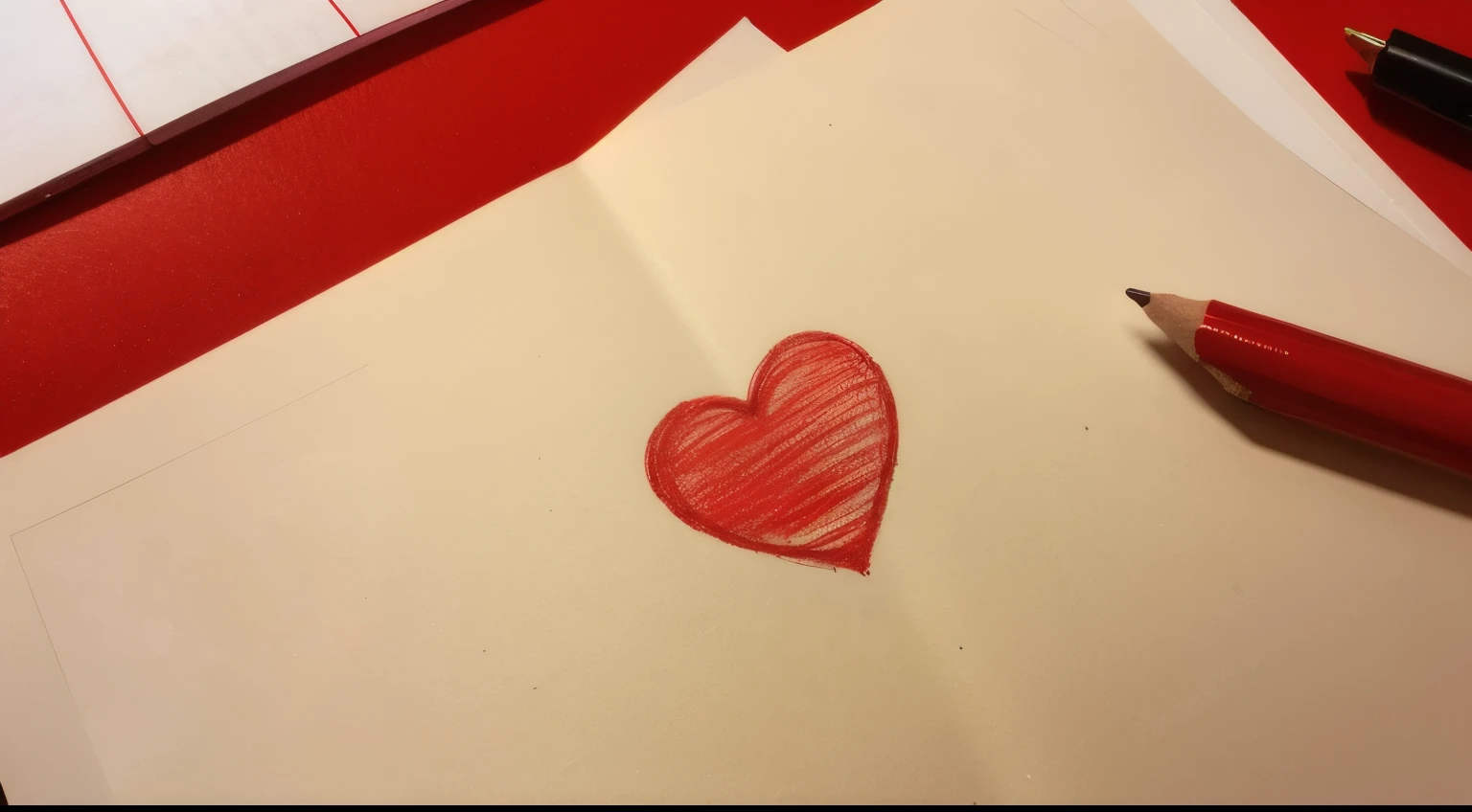A red heart is drawn on a piece of paper with crayon, Crayon drawing, Carefully drawn, Artistic impression,, Pencil drawing, Still Images