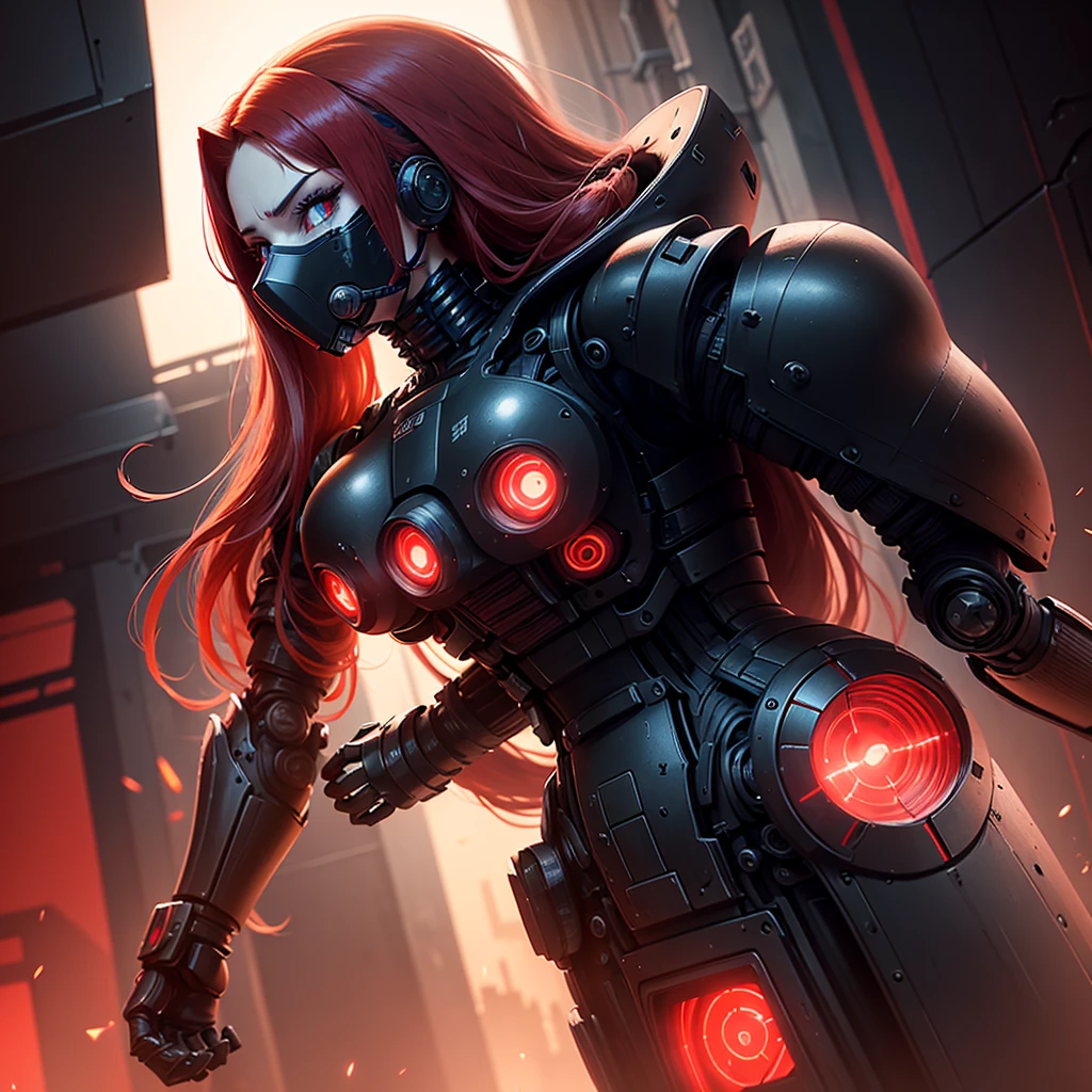 View from below, angle from below, flat horizon photo Android girl with long red hair, she has a mask on her face, a respirator, a woman with sexy hips, half cyborg modification. Beautiful face, black metal cybernetic android robot body black color, with red lines of indicators and diodes with many red parts, mechanical joints, black plates and armor in android style with a red glow, she has blue eyes and stands tall , Anime Style Photography , black background Cyberpunk style, the camera films Her from below, lower angle of photography, black background image of a night black city and red neon lights, red lamps, red lighting, red flashes in the background