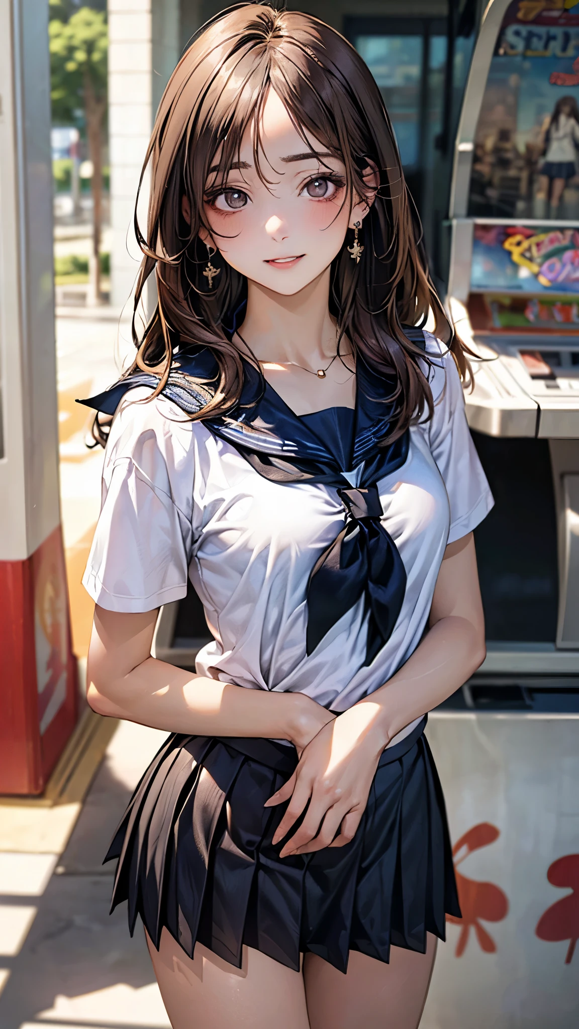 (masterpiece:1.2, top-quality), (realistic, photorealistic:1.4), beautiful illustration, (natural side lighting, movie lighting), nsfw,
beautiful detailed hair, beautiful detailed face, beautiful detailed eyes, beautiful clavicle, beautiful body, beautiful chest, beautiful thigh, beautiful legs, beautiful hands,
looking at viewer, (face focus, extreme close-up, portrait), 1 girl, japanese, high school girl, perfect face, cute and symmetrical face, shiny skin,
(long hair, straight hair, brown hair), forehead, gray eyes, slant eyes, big eyes, long eye lasher, (medium breasts), (small ass, thin thighs), slender, outstanding style,
((detailed cloth texture, serafuku, short sleeves, pleated skirt, sailor collar, scarf), finest underwear), earrings, necklace,
(beautiful scenery), evening, summer, (amusement arcade), standing, (seductive smile, upper eyes, parted lips),