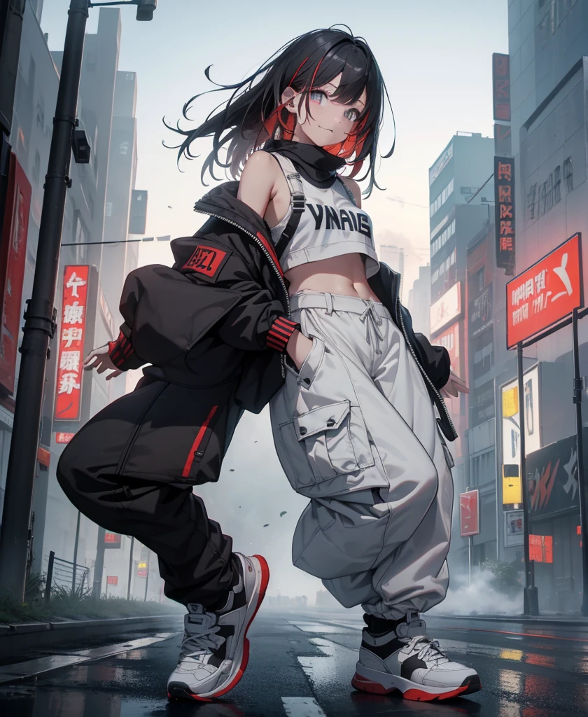 dance、Artistic jump、break dance、Intense movement、dynamism、Cyberpunk Style、Blade Runner atmosphere、Steam is coming out of the exhaust port on the road surface、The road is wet、solo、Fluttering Hair、cute、Beautiful woman、Small Face、White skin、Abdominal muscles、、Bright smile、Mouth half open、White teeth are visible、(Gradient color of black red hair、Disheveled long hair)、(Cargo pants with line、sporty、White sneakers)、(Delicate and fine fingers、Detailed body、Detailed Weapons、Human hand)、(Detailed face) 、(In 8K、Highest quality: 1.4、masterpiece、 Ultra-high resolution、 Highest Resolution,、Very detailed、 Professional Lighting、 Gray Light Lighting、Low angle from below、Blowing steam into the landscape、Fog in the landscape、Foggy、