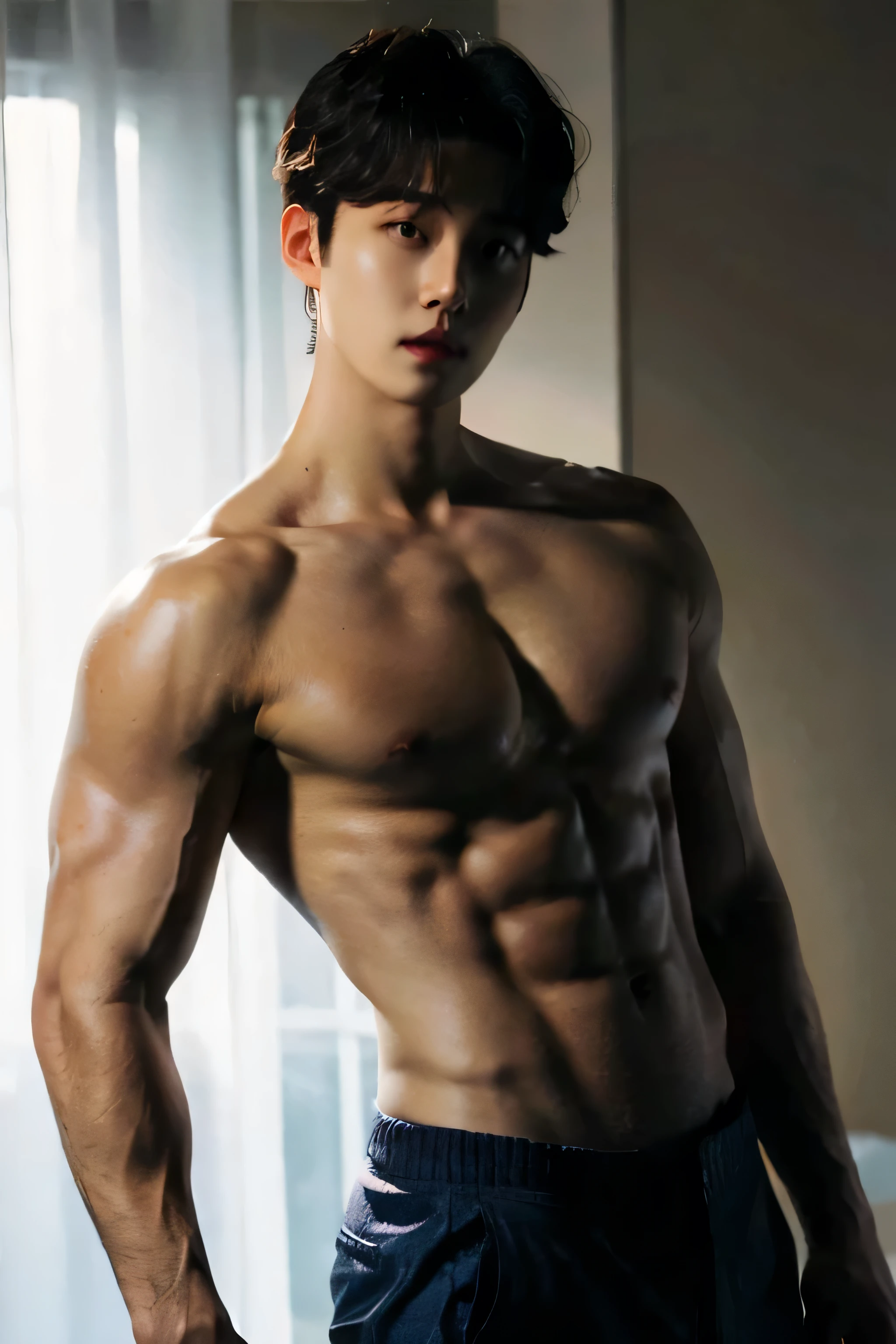 best quality, 8k，masterpiece, Ultra-high resolution, (Realistic:1.4), original photo, Suga ，Very cool look，Brown hair，Show off your muscles and abs