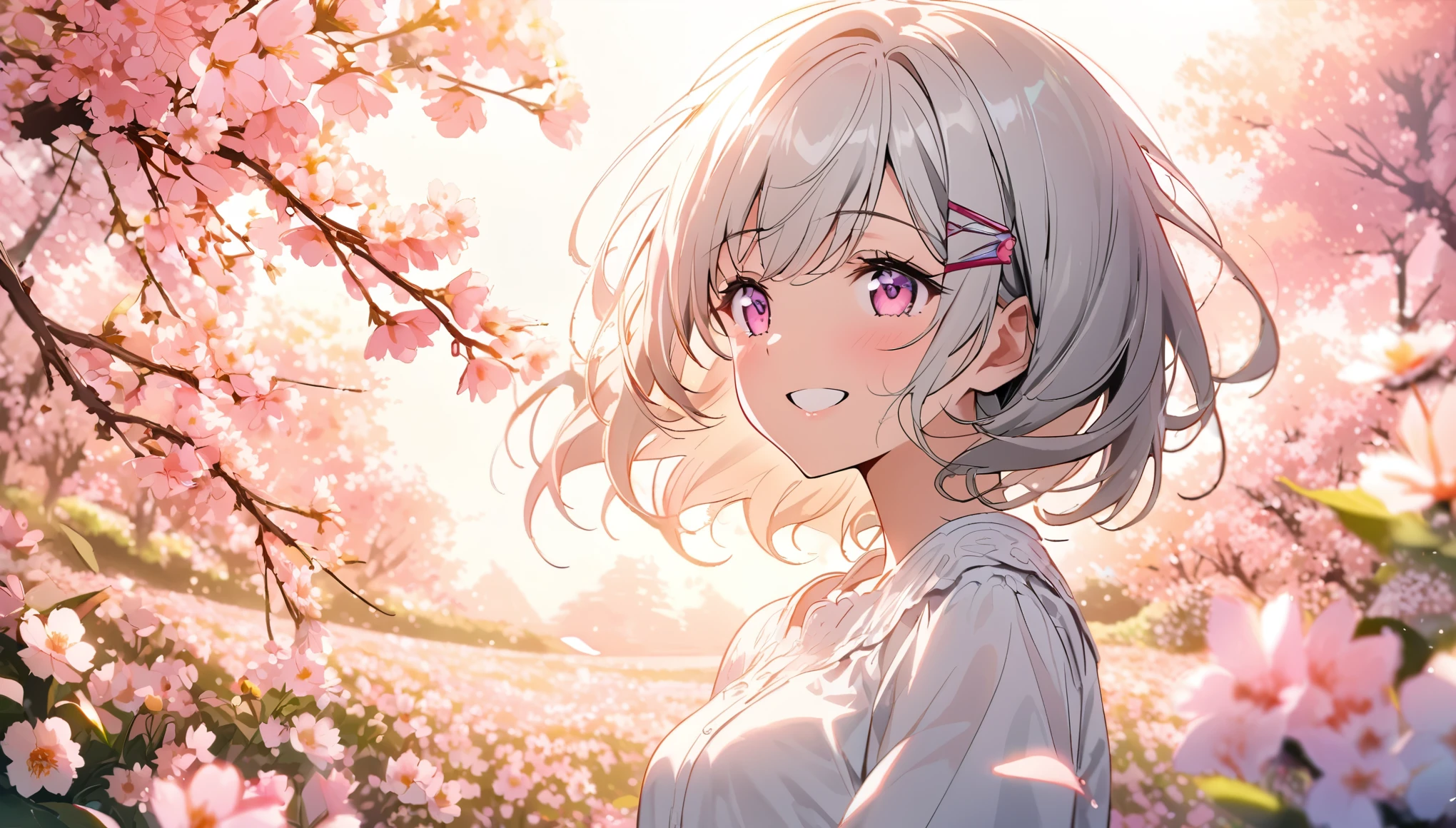 silver short hair and bob hair、I tied my hair in a bun with a hair clip..、pink eyes、white blouse shirt、tartan check skirt、smile、please open your mouth wide、upper body close-up、one Beautiful girl, solo, gentle smile on her face f\ (detailed eyes),Sunny day landscape images, Only landscapes with flowers, Flower Field, unmanned, There are no animals, Lively, As if blown by the wind々Various kinds of flowers, , Soft lighting, Light background, ndividuality, Beautiful colors, cherry blossom trees