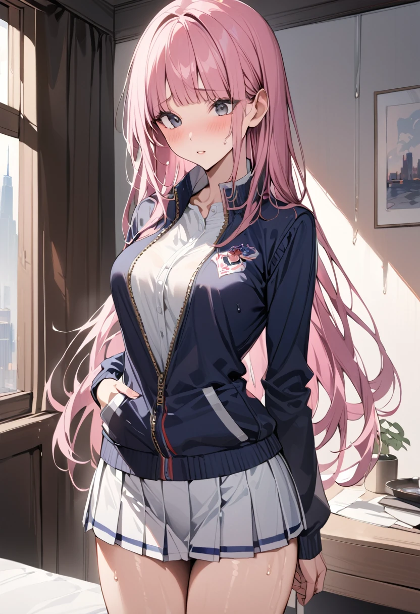 ((masterpiece,Highest quality:1.3,best quality illustration)),cowboy shot,独奏,1woman,(Mature Beauty),pink hair,low ponytai,long hair,bangs,gray eyes,(gorgeous eyes),((very small head)),shy,((very long body,skinny)),medium breasts,((Navy blue baseball jacket、White pleated mini skirt)),gleaming skin,oily skin,slender body,sweat,standing,Simple bedroom,New York City、