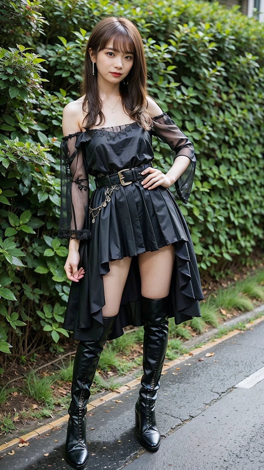 (8k、RAW Photos、Highest quality、masterpiece:1.2)、(Realistic、Realistic)、1 Girl、((mile、pink and black dress、Idol Costume、ガーターbelt、Off the shoulder、boots、garden、View from the front、Looking at the camera、belt、Hands on your hips))、cute