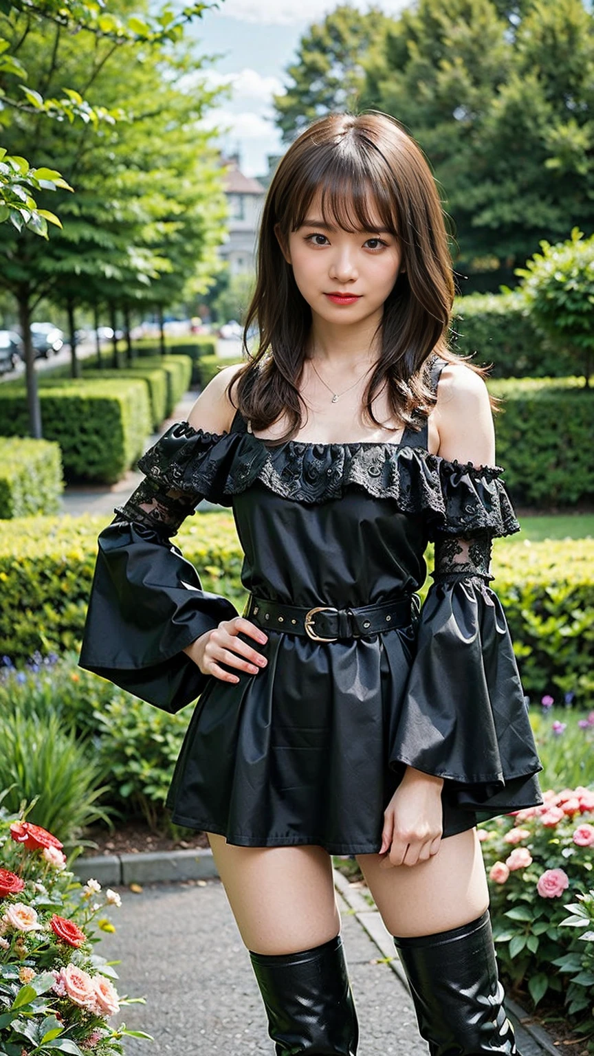 (8k、RAW Photos、Highest quality、masterpiece:1.2)、(Realistic、Realistic)、1 Girl、((mile、pink and black dress、Idol Costume、ガーターbelt、Off the shoulder、boots、garden、View from the front、Looking at the camera、belt、Hands on your hips))、cute