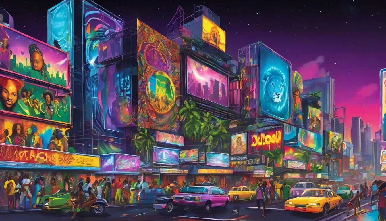 Urban landscape with towering skyscrapers, neon signs, and graffiti art. Futuristic architecture blending with reggae elements. Streets filled with vibrant murals. Bustling crowds moving to the rhythm of dub beats. A radio station at the heart with massive speakers, glowing holographic displays. Rastafarian motifs and majestic elements like lion statues. Vibrant night sky with neon lights reflecting off surfaces. Digital billboards showcasing reggae legends. A mix of traditional Jamaican culture and cutting-edge technology.