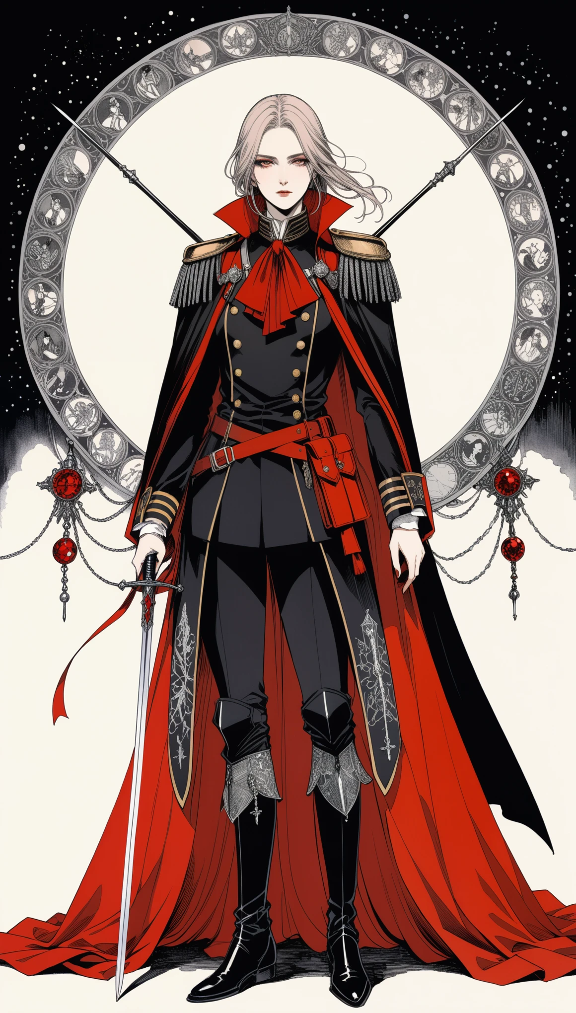 (in style of Harry Clarke:0.5),in style of Santiago Caruso,
1girl,holding a fancy rapier in his hand,military uniforms,neckwear_request,red general's cape,ribbon,wilderness battlefield,imposing female generals,(insanely detailed and intricate, hypermaximalist, elegant, ornate, hyper realistic, super detailed)