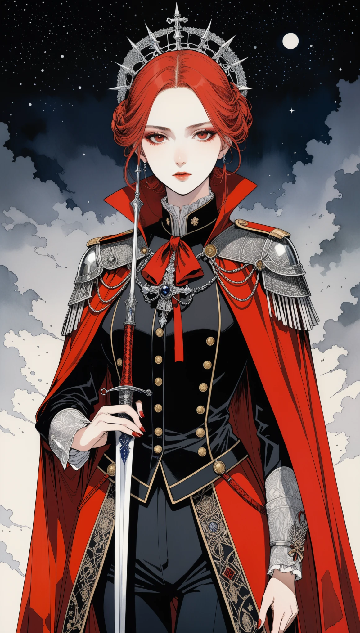 (in style of Harry Clarke:0.5),in style of Santiago Caruso,
1girl,holding a fancy rapier in his hand,military uniforms,neckwear_request,red general's cape,ribbon,