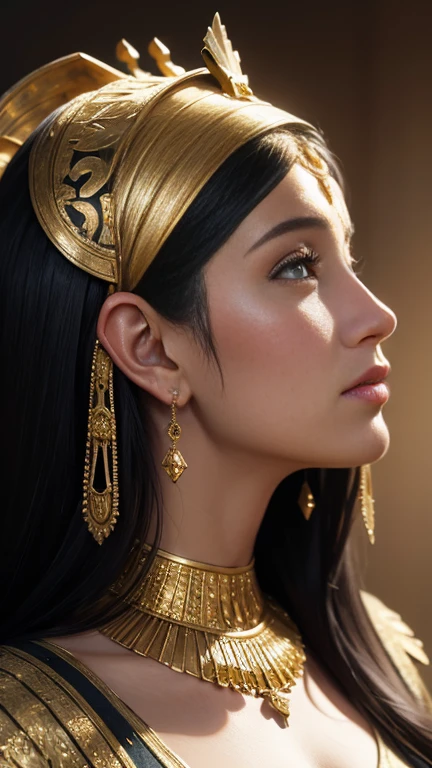 Hyper-realistic tonalism style, gouache, ink wash, opaque colors and low key lighting, Princess of Egypt profile portrait, subtle details, colourful and gold ancient Egypt jewelry ,beautiful breast, chest press together, medium long shot ,elegance pose, splash ink, ancient Egypt sandstone temple background, matte painting, Unreal Engine 5.