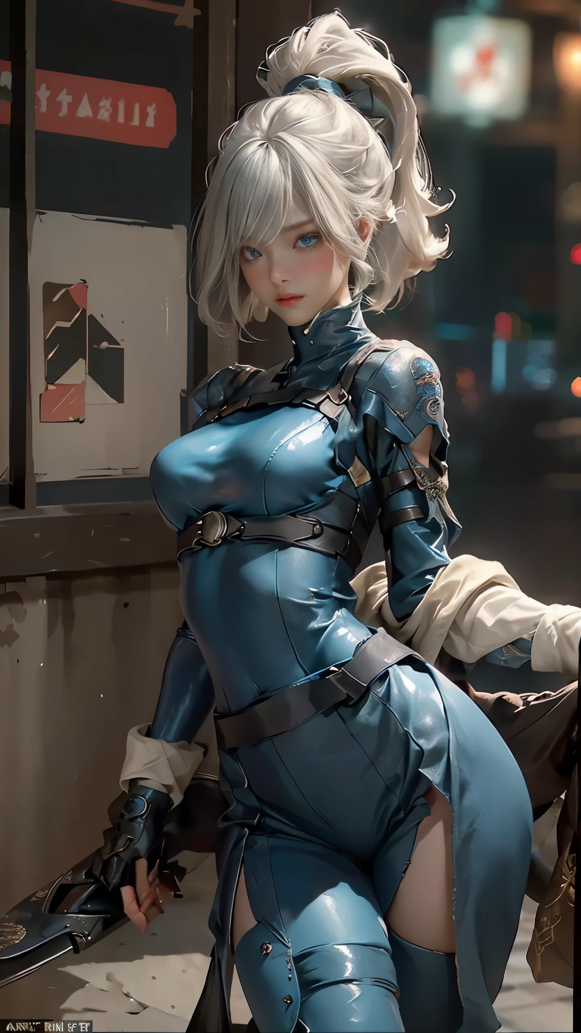 (NSFW), A dynamic series of paintings in 8k, 超High resolution, capturing the intricate details of a silver-haired, blue-eyed warrior girl. The images are meticulously crafted with super detailed machinery parts subtly integrated into her attire, showcasing her strength and prowess. Her face, well-designed with great precision, boasts beautiful, expressive eyes under soft lighting. The outdoor setting is urban, with the backdrop of a 1980s street, adding a nostalgic charm. Her hair, styled in an asymmetrical cut, falls around her shoulders, and she wears thigh-high socks under a fitted latex suit that accent