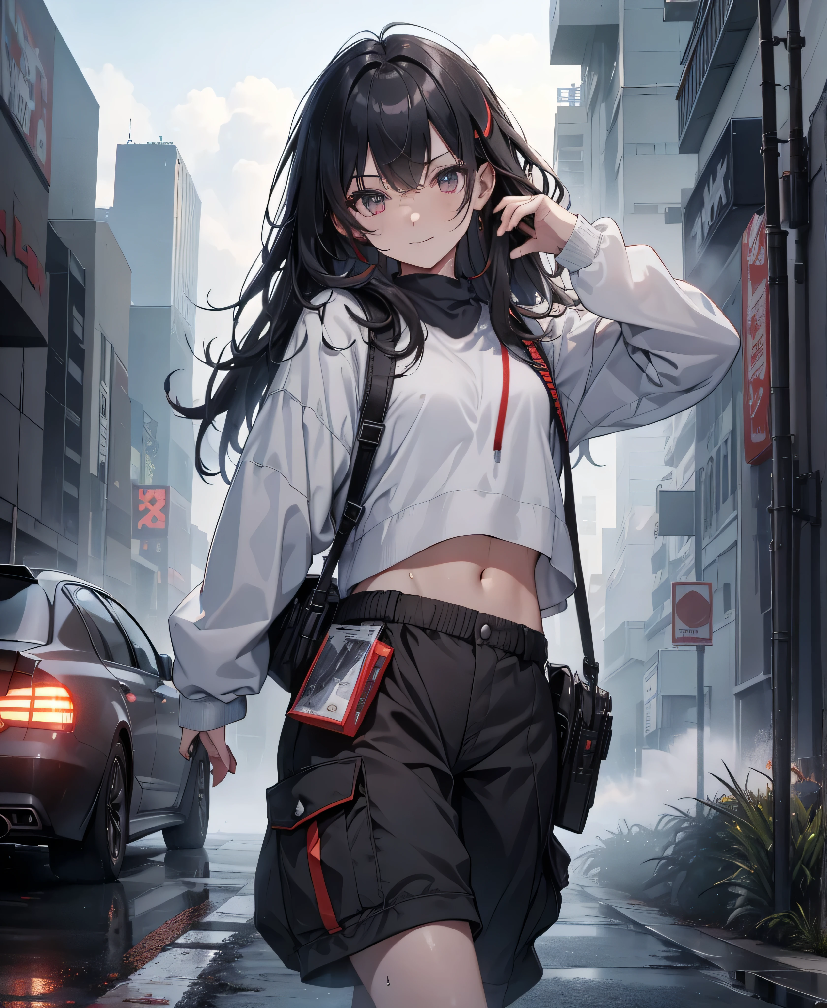 dance、Artistic jump、break dance、Intense movement、dynamism、Cyberpunk Style、Blade Runner atmosphere、Steam is coming out of the exhaust port on the road surface、The road is wet、solo、Fluttering Hair、cute、Beautiful woman、Small Face、White skin、Abdominal muscles、17 years old、Bright smile、Mouth half open、White teeth are visible、(Gradient color of black red hair、Disheveled long hair)、(Cargo pants with line、sporty、White sneakers)、(Delicate and fine fingers、Detailed body、Detailed Weapons、Human hand)、(Detailed face) 、(In 8K、Highest quality: 1.4、masterpiece、 Ultra-high resolution、 Highest Resolution,、Very detailed、 Professional Lighting、 Gray Light Lighting、Low angle from below、Blowing steam into the landscape、Fog in the landscape、Foggy、