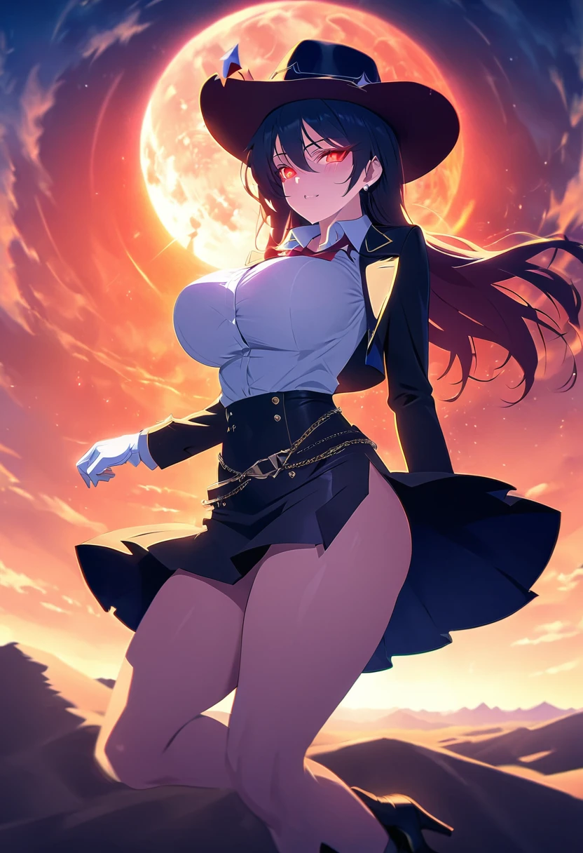 a picture of a female vampire cowboy in the desert night, a goth beauty, exquisite beautiful female vampire, ((anatomically correct: 1.5), (ultra detailed face: 1.2), best detailed face, red glowing eyes, full body, , wearing white bottom shirt, short skirt, dynamic color, wearing (Gambler Crease  hat: 1.2), wearing high heeled boots, it is night time in the desert, moon light. moon rays, west America desert canyon background, Hyperrealism style, vibrant, Ultra-high resolution, High Contrast, (masterpiece:1.5), highest quality, Best aesthetics), best details, best quality, highres, ultra wide angle, 16k, [ultra detailed], masterpiece, best quality, (extremely detailed) RAW, chumbasket art style, rpg portrait photograph, magical sky