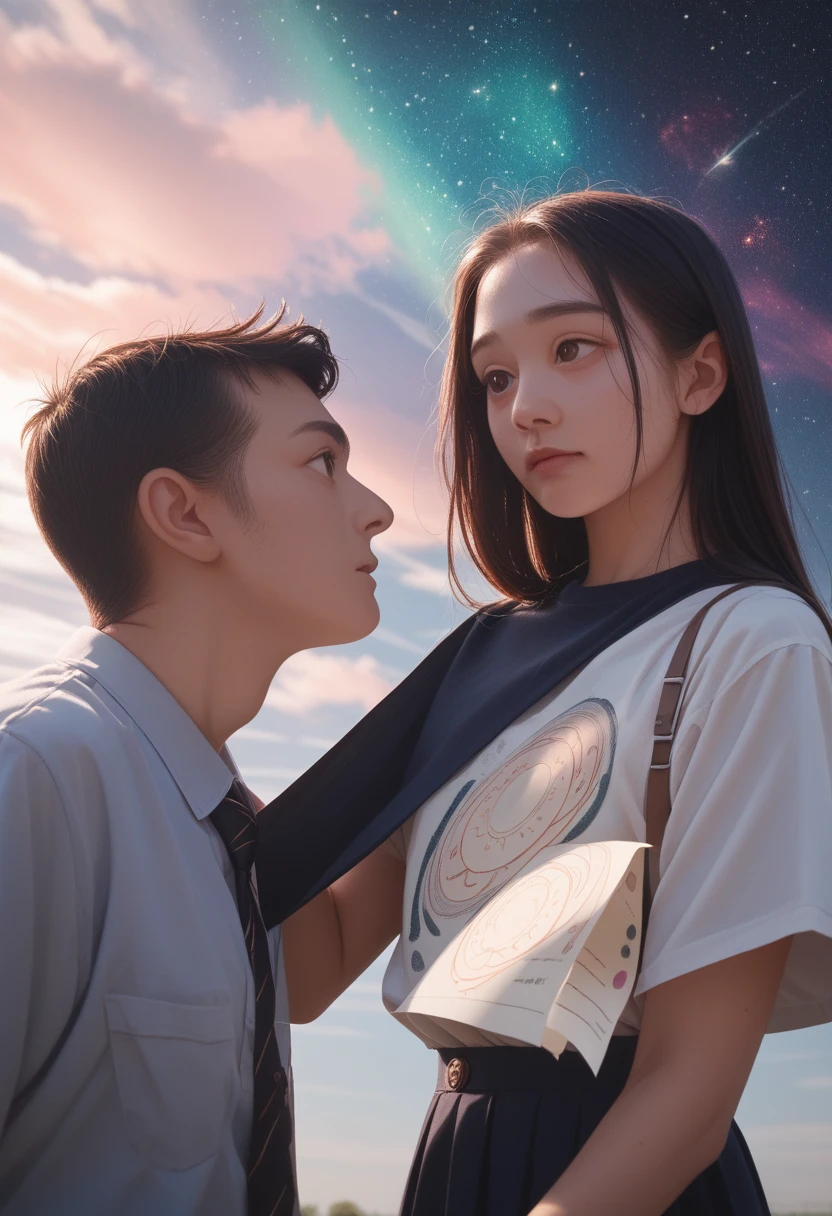 masterpiece, best quality, Extremely detailed CG unity 8k wallpaper, Paper Cutting, (Delicate face), Delicate eyes, Bright sky nebula, 2 people, age: 16, One person stands on another person&#39;s shoulders