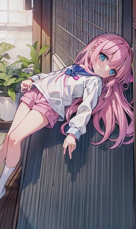 Beautiful illustrations, Highest quality, (12-year-old girl:1.4)、(pretty girl:1.5)、 girl、Flat Chest、Sailor collar、(White long tunic:1.4)、Long sleeve sailor suit、Blue-line cuffs、(Pink Chino Shorts:1.7)、(Pink shorts with wide openings:1.6)、Gap between thigh and shorts、Thin thighs、White socks、 Cinema Lighting, (Pink long hair)、Pink Straight Hair、Redness on the cheeks、(Braiding of the back of the head)