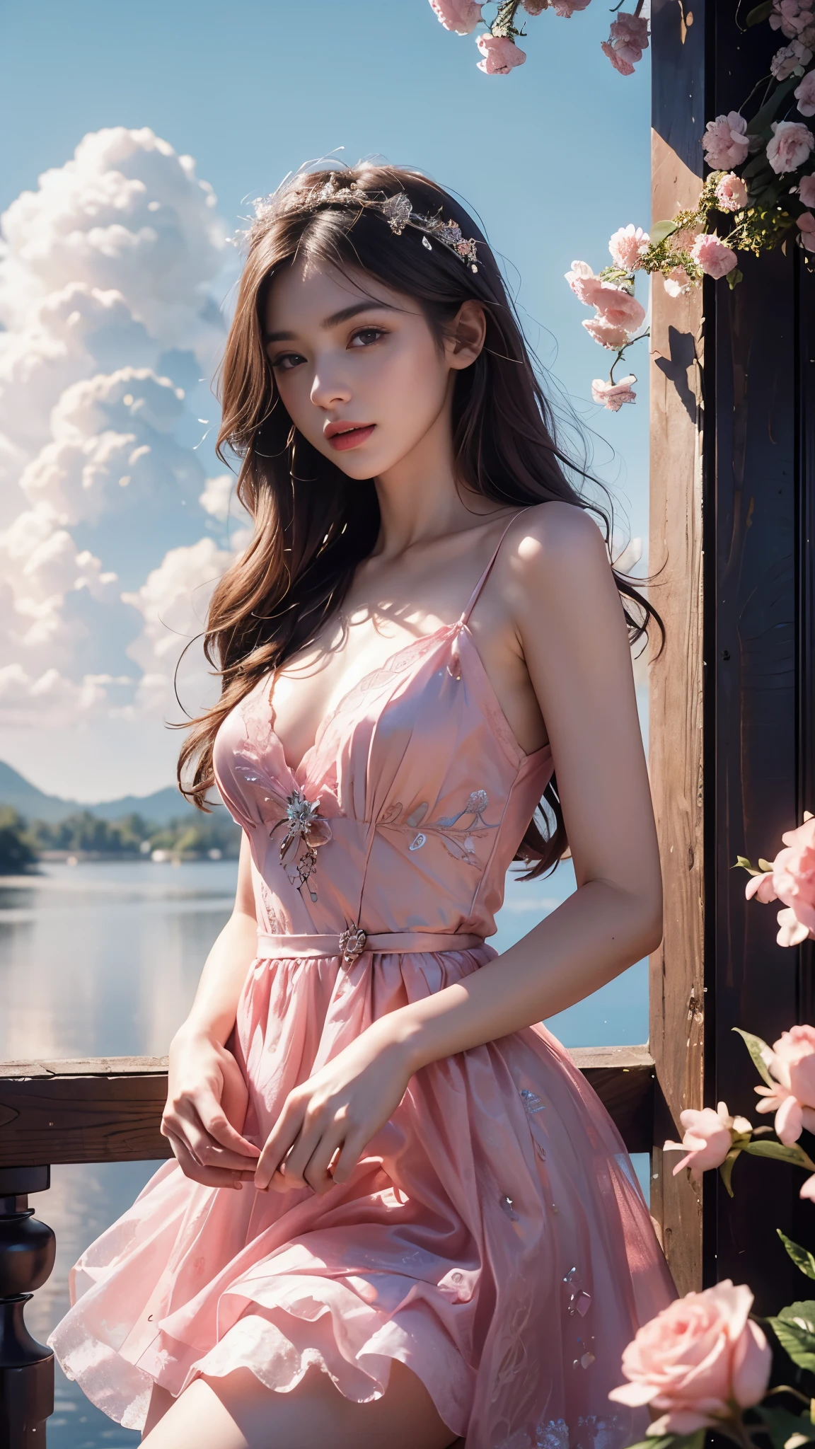 8K, UHD, masterpiece, 1 girl, good face, very long hair, detailed eyes, detailed lips, light makeup, small breasts, fairytale dress, pink dress, lace, stocking, in the cloud, cloudy sky, flowers, water, heaven, flying birds, dim lighting, realistic shadow, bloom, ray tracing,