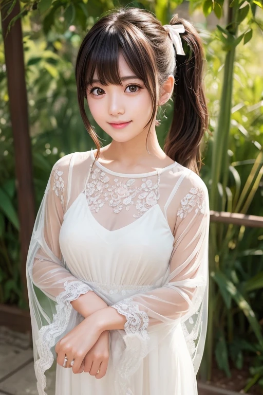 (One girl), , large chest, ((Masterpieces))，(Ultra-high resolution)，1 girl, Sitting, Lolita Costume，Cape (rain, Summer Outdoor Activities:1.2),，big eyes ,  random cute pose , shy smile 