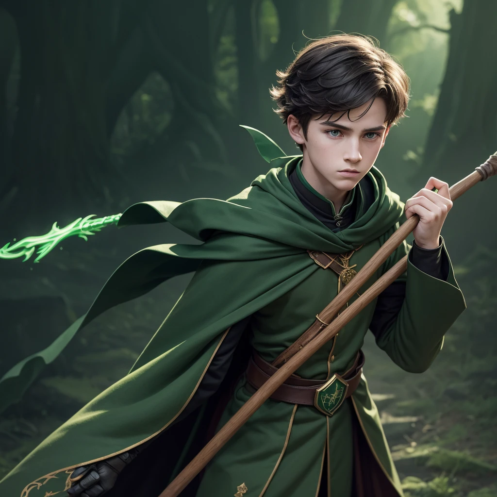 
animated art, animated coloring, a boy wearing a Slytherin quidditch uniform, elbow protections, armor, Trausers, dark green robe, Witch&#39;s broom, Hogwarts, low angle, Muted colors, dark palette, misty twilight, (looking away, looking away:1.3)  