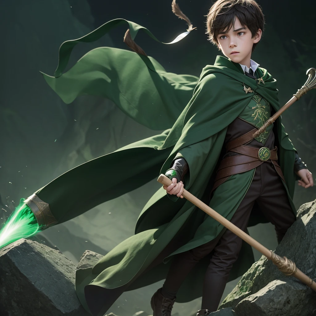 animated art, animated coloring, a boy wearing a Slytherin quidditch uniform, elbow protections, armor, Trausers, dark green robe, Witch's broom, Hogwarts, low angle, Muted colors, dark palette, misty twilight, (looking away, looking away:1.3)