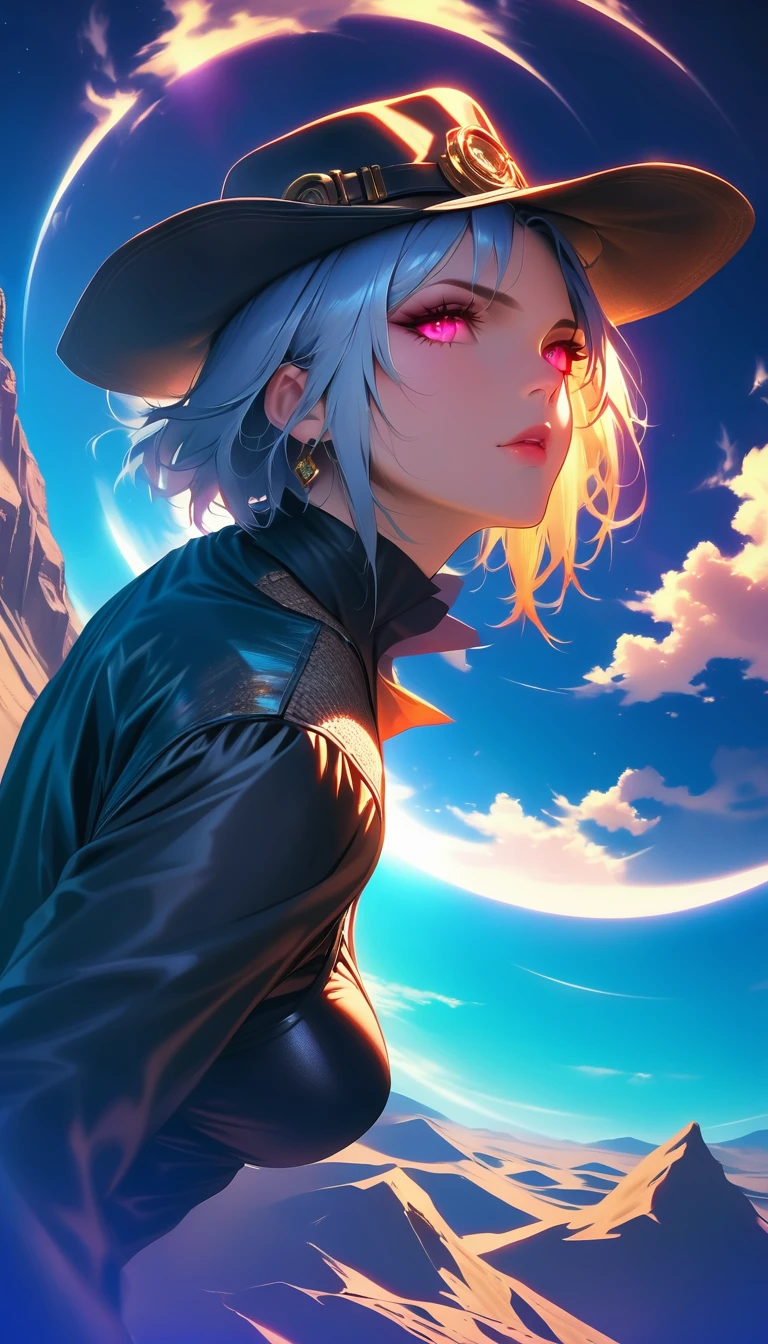 a picture of a female vampire cowboy in the desert night, a goth beauty, exquisite beautiful female vampire, ((anatomically correct: 1.5), (ultra detailed face: 1.2), best detailed face, red glowing eyes, full body, busty, wearing white bottom shirt, short skirt, dynamic color, wearing (Gambler Crease  hat: 1.2), wearing high heeled boots, it is night time in the desert, moon light. moon rays, west America desert canyon background, Hyperrealism style, vibrant, Ultra-high resolution, High Contrast, (masterpiece:1.5), highest quality, Best aesthetics), best details, best quality, highres, ultra wide angle, 16k, [ultra detailed], masterpiece, best quality, (extremely detailed) RAW, chumbasket art style, rpg portrait photograph, magical sky